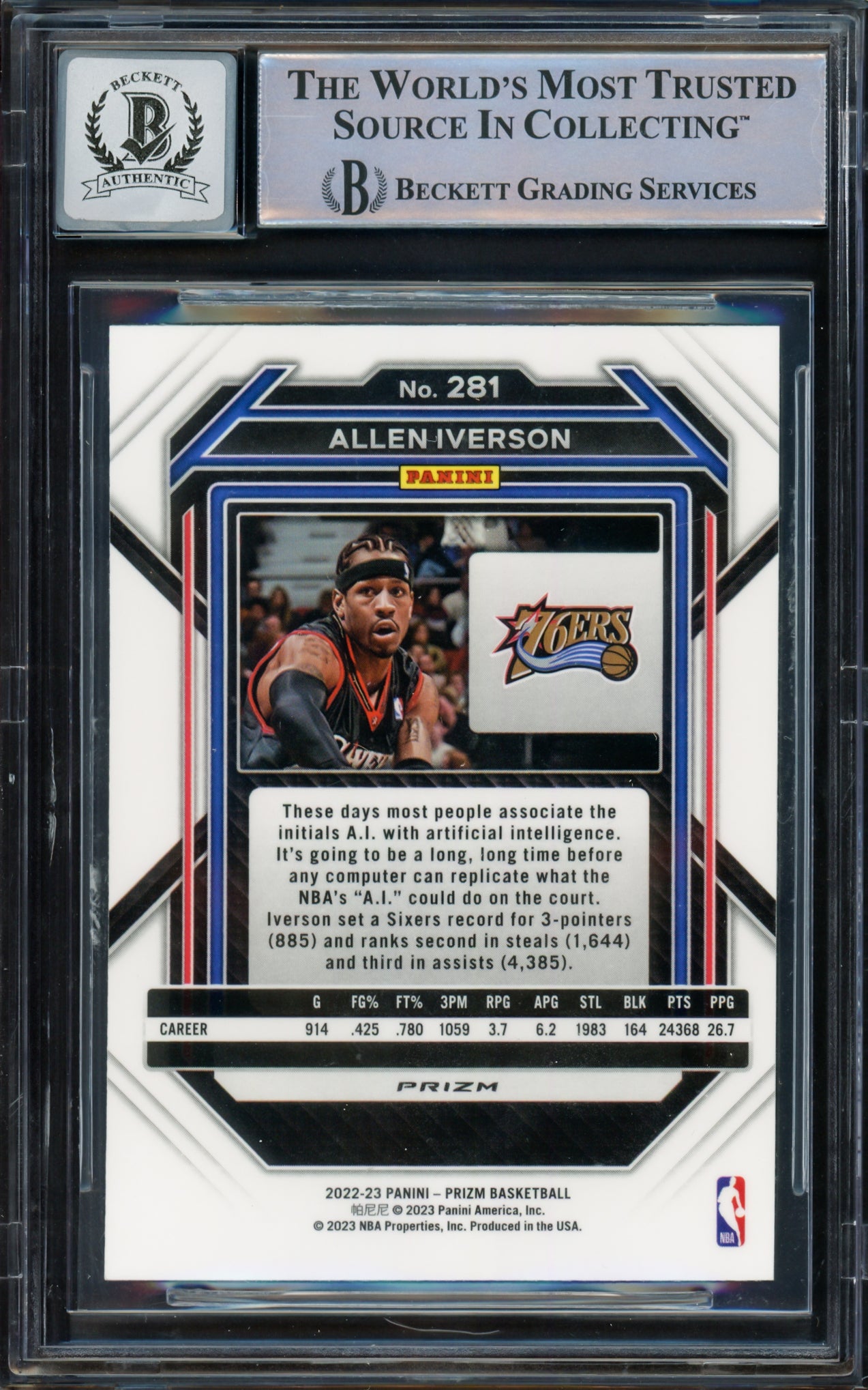Allen Iverson Autographed 2022-23 Panini Prizm Prizms Red Ice Card #281 Philadelphia 76ers Auto Grade Gem Mint 10 Beckett BAS Witnessed #16562539