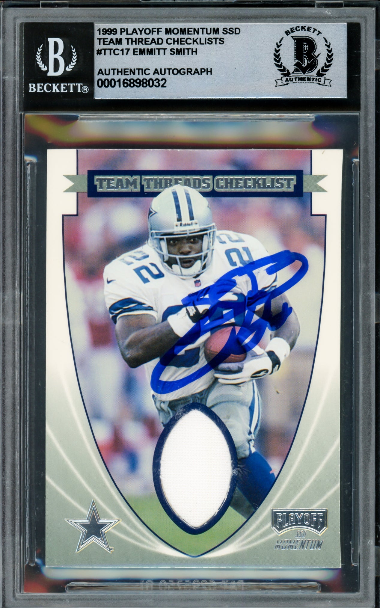 Emmitt Smith Autographed 1999 Playoff Momentum Team Threads Card #TTC17 Dallas Cowboys Auto Grade Gem Mint 10 Beckett BAS #16898032