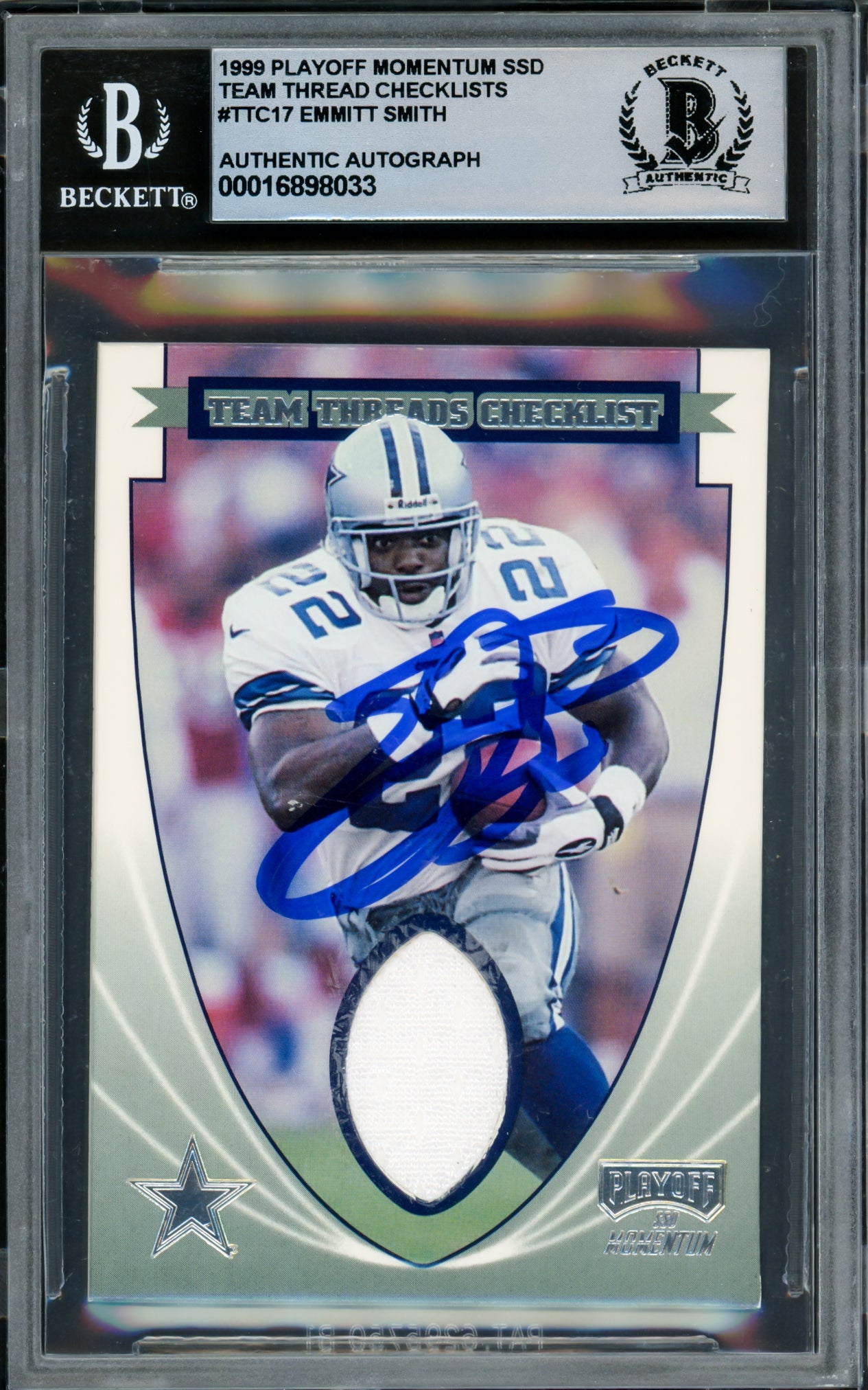 Emmitt Smith Autographed 1999 Playoff Momentum Team Threads Card #TTC17 Dallas Cowboys Auto Grade Gem Mint 10 Beckett BAS #16898033
