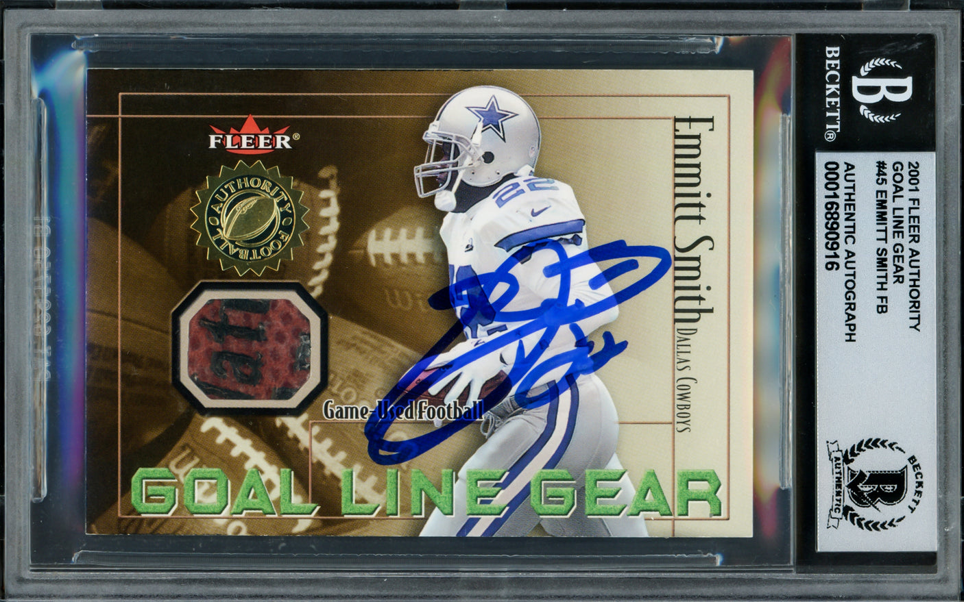 Emmitt Smith Autographed 2001 Fleer Authority Goal Line Gear Card #45 Dallas Cowboys Auto Grade Gem Mint 10 With Game Used Football Relic Beckett BAS #16890916