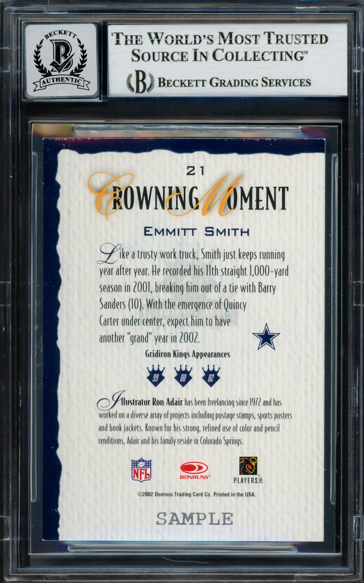 Emmitt Smith Autographed 2002 Donruss Gridiron Kings Samples Card #21 Dallas Cowboys Auto Grade Gem Mint 10 Beckett BAS #16898203