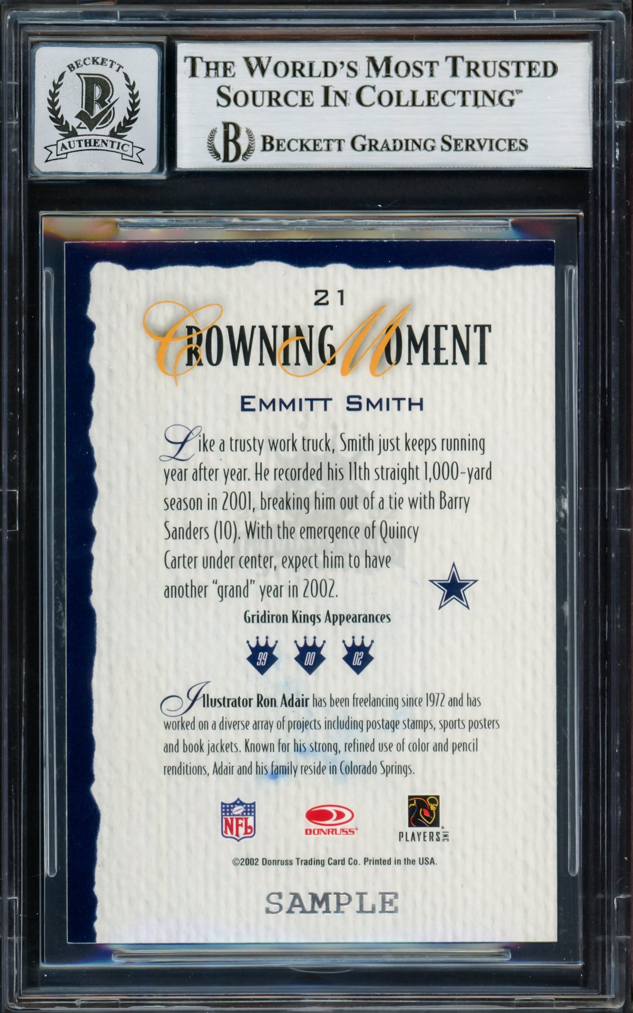 Emmitt Smith Autographed 2002 Donruss Gridiron Kings Samples Card #21 Dallas Cowboys Auto Grade Gem Mint 10 Beckett BAS #16898202
