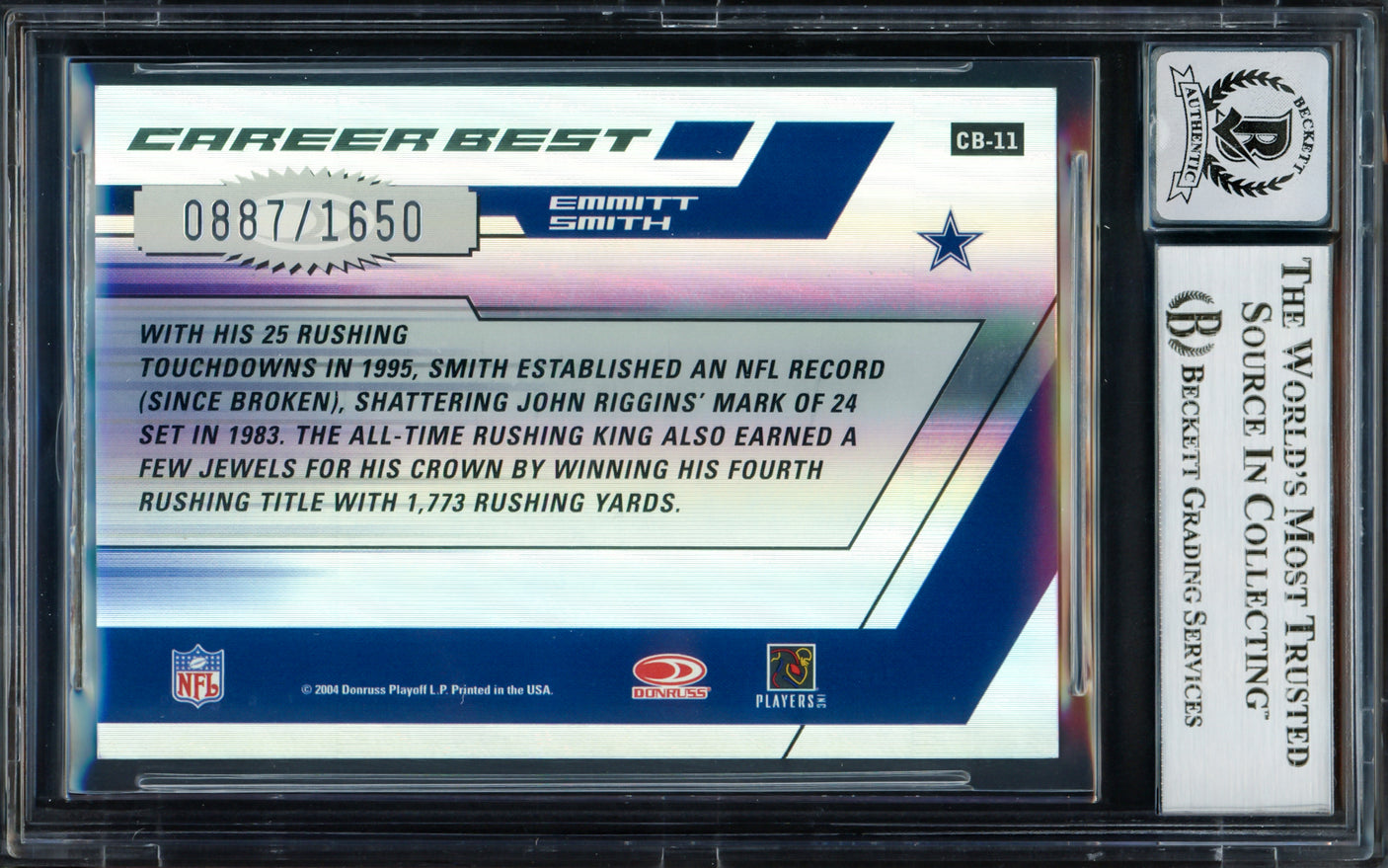 Emmitt Smith Autographed 2004 Donruss Elite Career Best Card #CB11 Dallas Cowboys Auto Grade Gem Mint 10 #887/1650 Beckett BAS #16891564