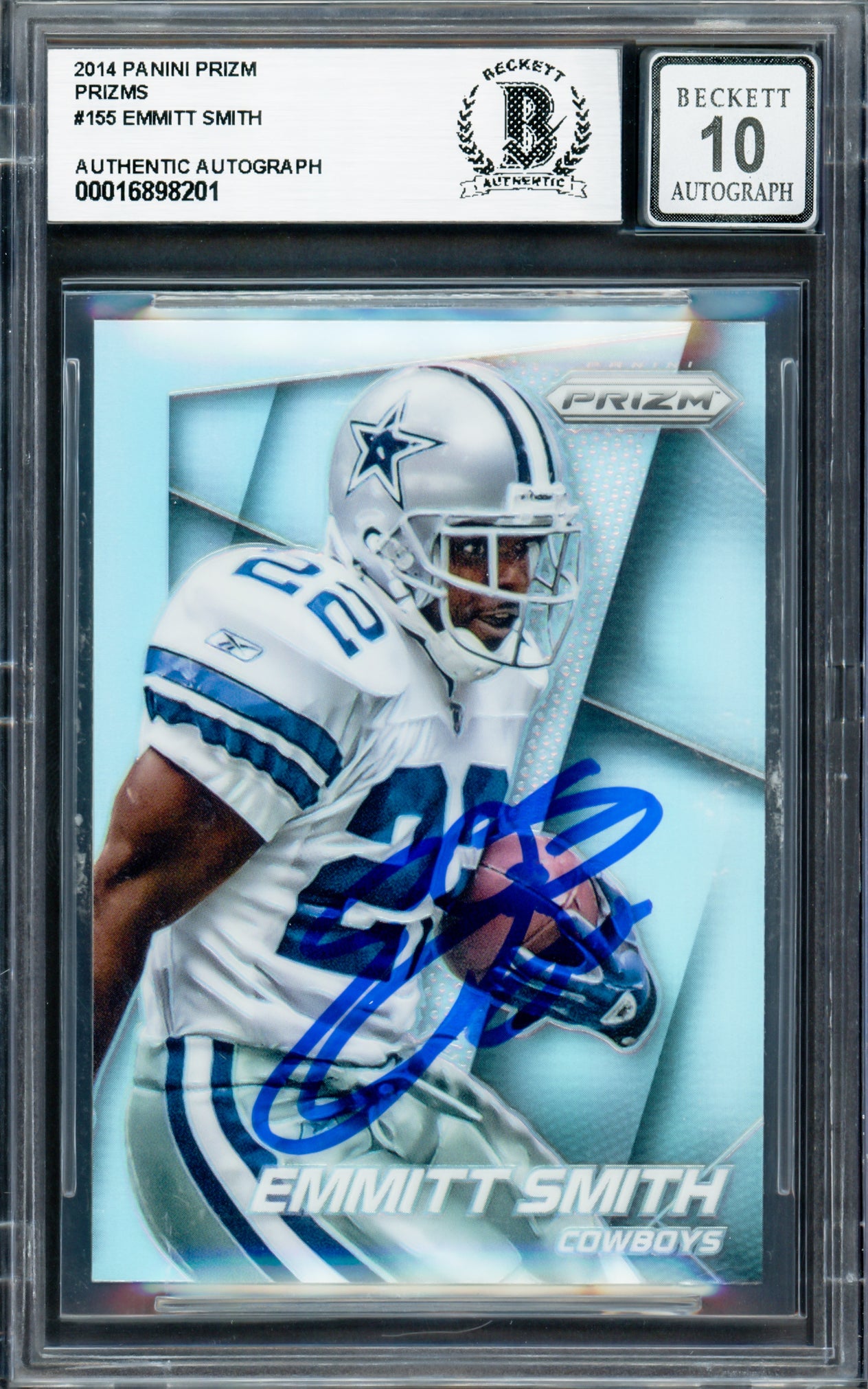 Emmitt Smith Autographed 2014 Panini Prizm Prizms Card #155 Dallas Cowboys Auto Grade Gem Mint 10 Beckett BAS #16898201