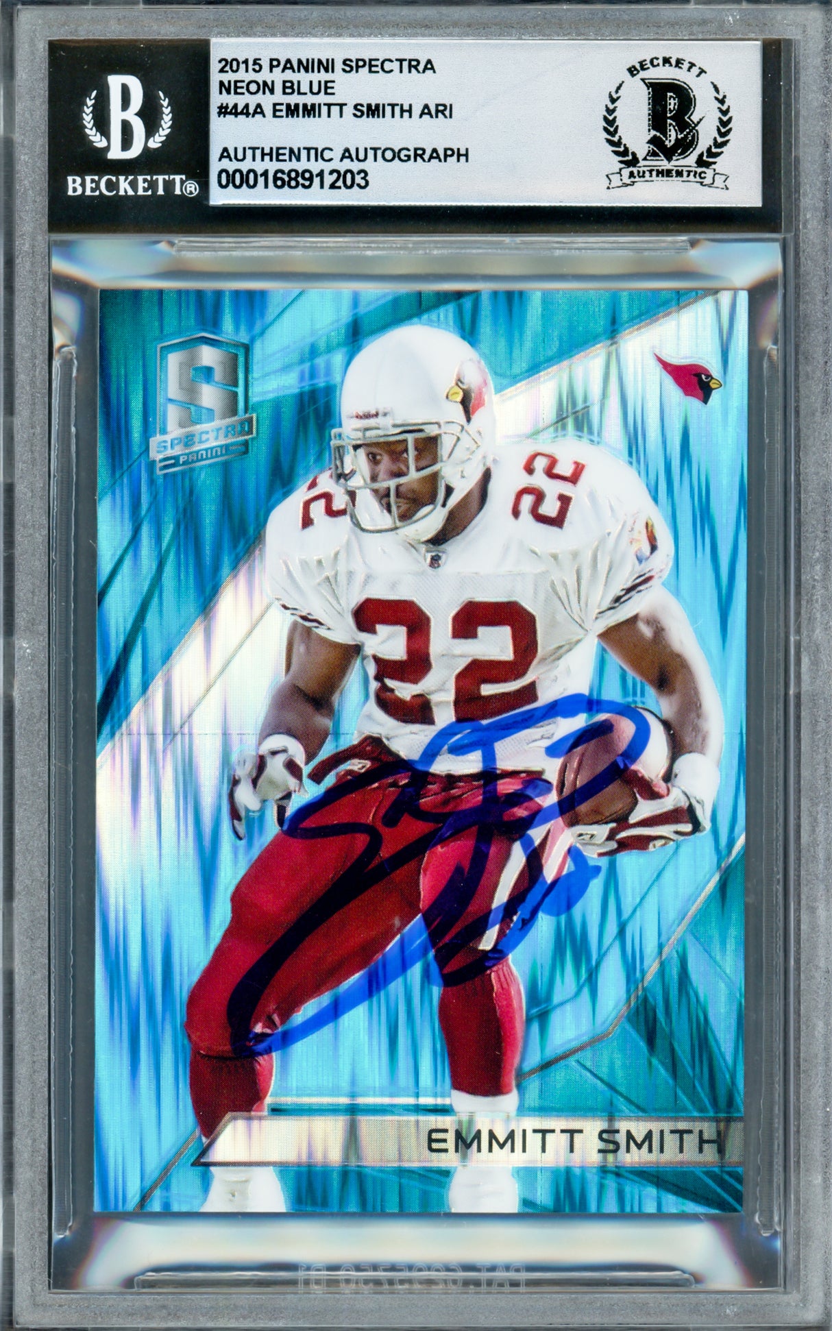 Emmitt Smith Autographed 2015 Panini Spectra Neon Blue Card #44A Arizona Cardinals Auto Grade Gem Mint 10 #27/49 Beckett BAS #16891203