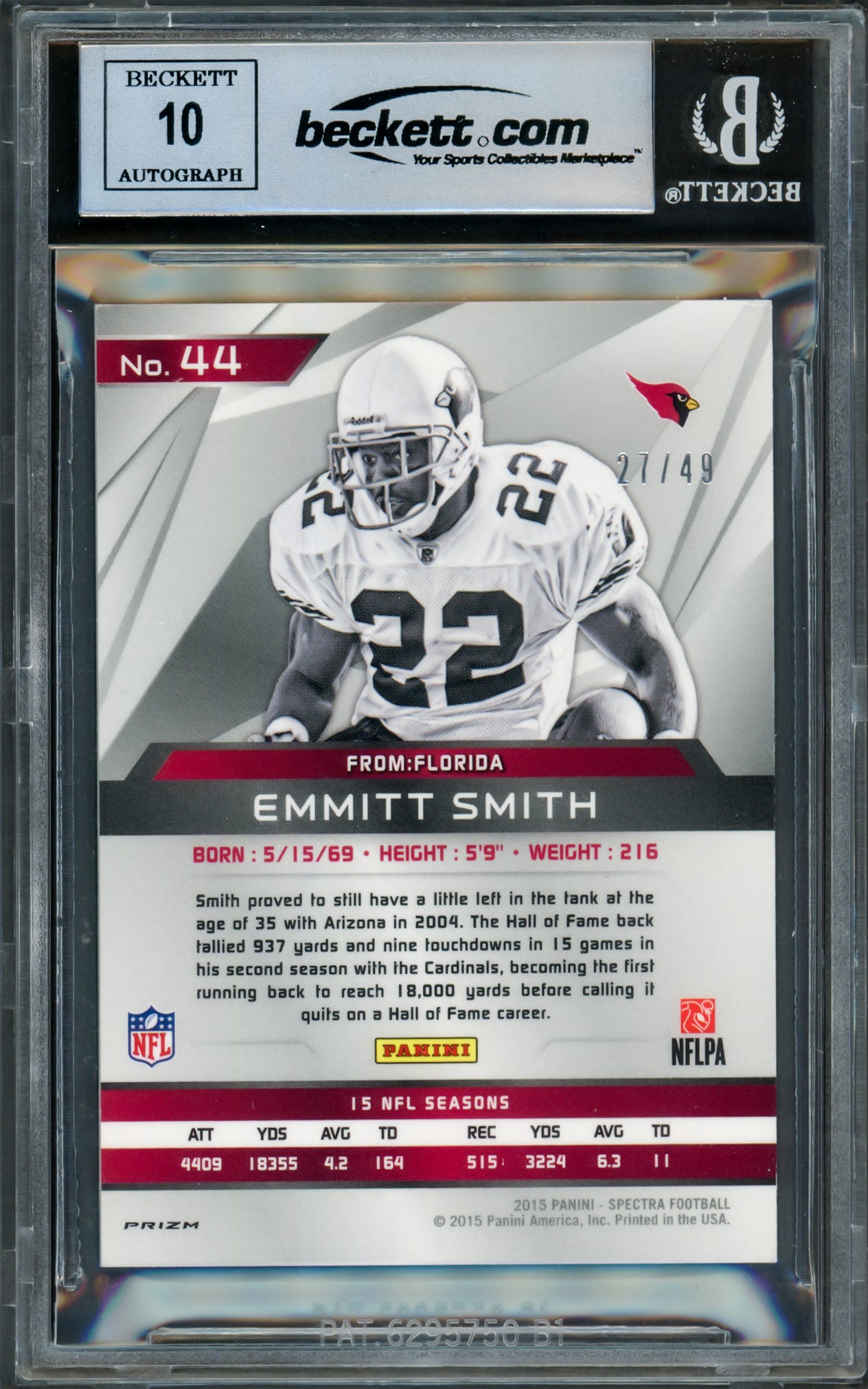 Emmitt Smith Autographed 2015 Panini Spectra Neon Blue Card #44A Arizona Cardinals Auto Grade Gem Mint 10 #27/49 Beckett BAS #16891203