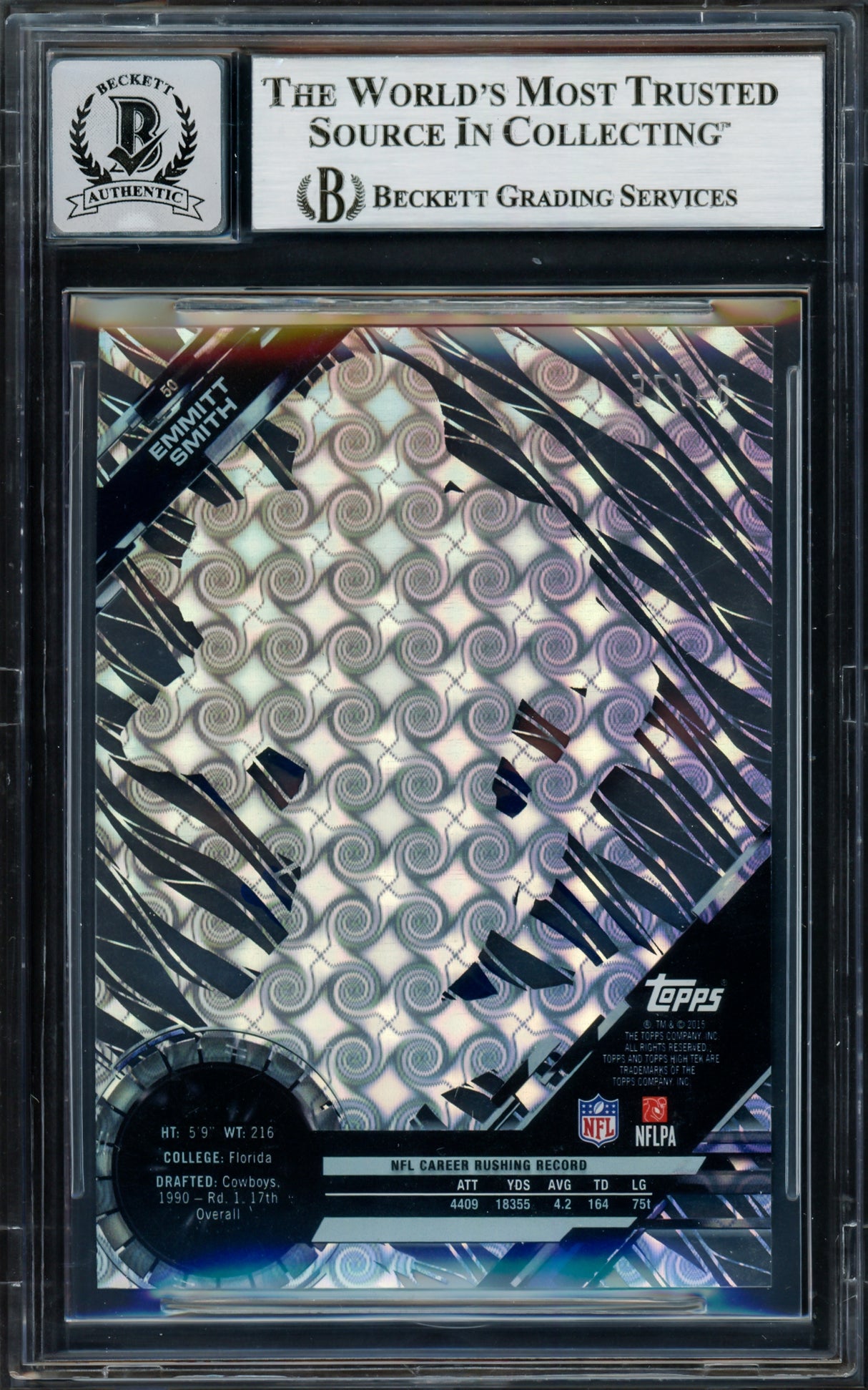 Emmitt Smith Autographed 2015 Topps High Tek Tidal Diffractor Card #50 Dallas Cowboys Auto Grade Gem Mint 10 #64/75 Beckett BAS #16890468
