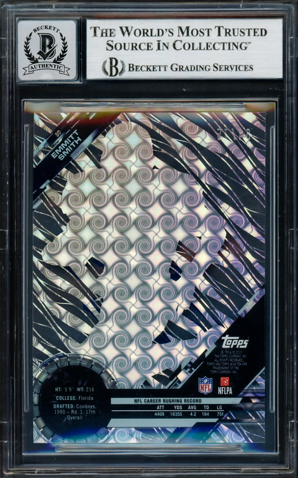 Emmitt Smith Autographed 2015 Topps High Tek Tidal Diffractor Card #50 Dallas Cowboys Auto Grade Gem Mint 10 #64/75 Beckett BAS #16890468