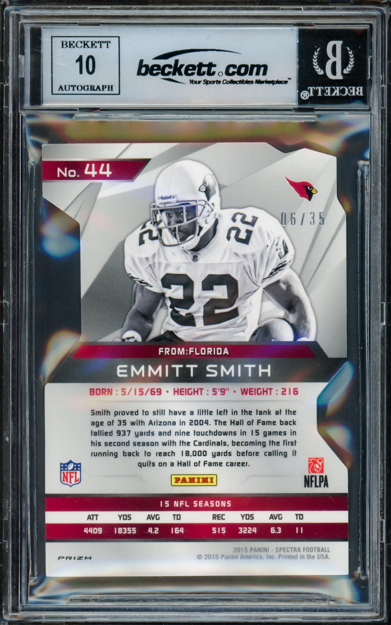 Emmitt Smith Autographed 2016 Panini Spectra Neon Blue Die Cut Card #44 Arizona Cardinals Auto Grade Gem Mint 10 #6/35 Beckett BAS #16891372