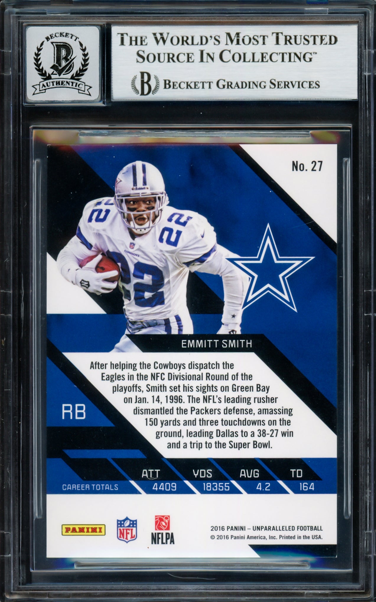 Emmitt Smith Autographed 2016 Panini Unparalleled Orange Card #27 Dallas Cowboys Auto Grade Gem Mint 10 #75/99 Beckett BAS #16898210