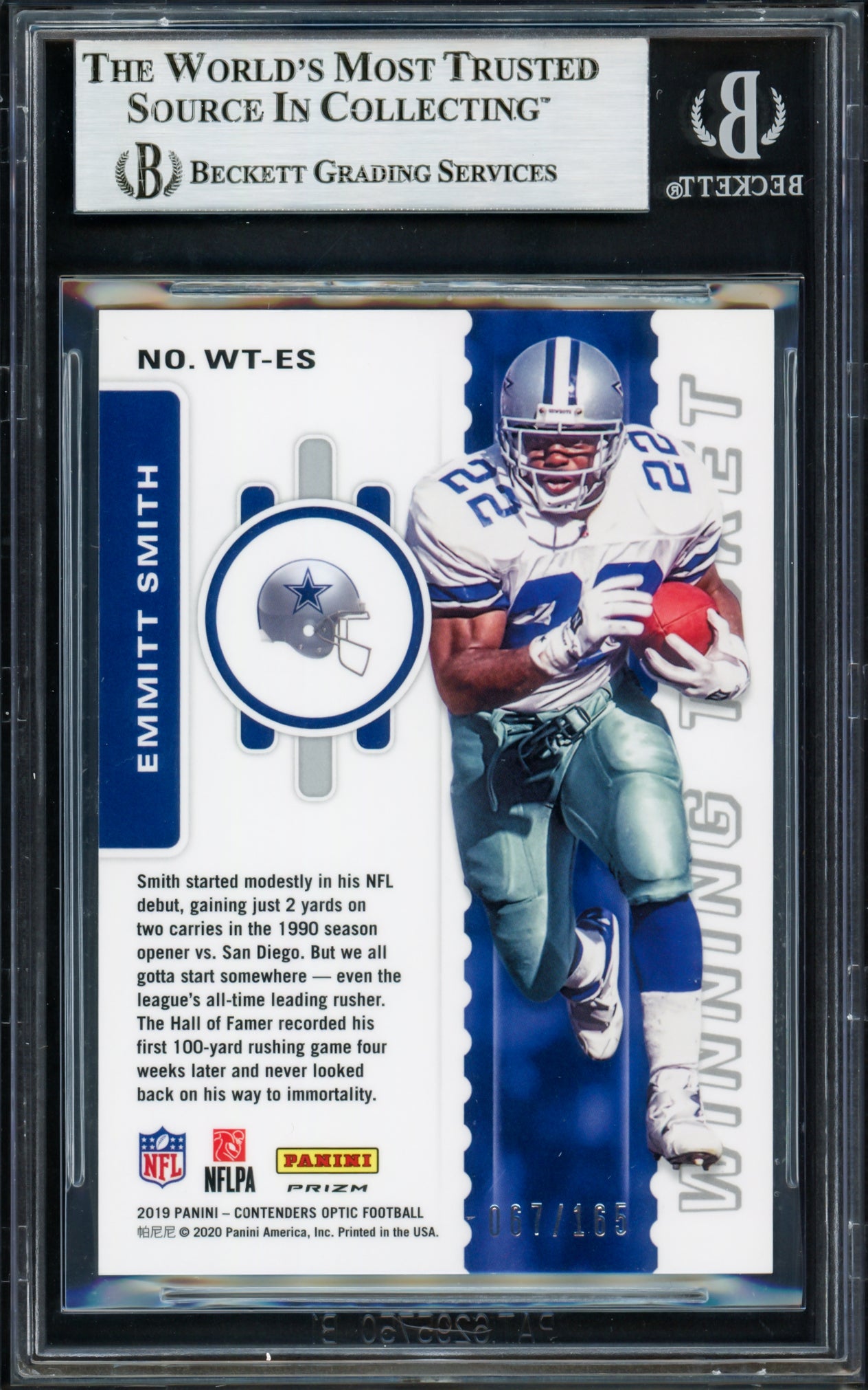 Emmitt Smith Autographed 2019 Panini Contenders Optic Winning Tickets Card #15 Dallas Cowboys #67/165 Beckett BAS #16901363