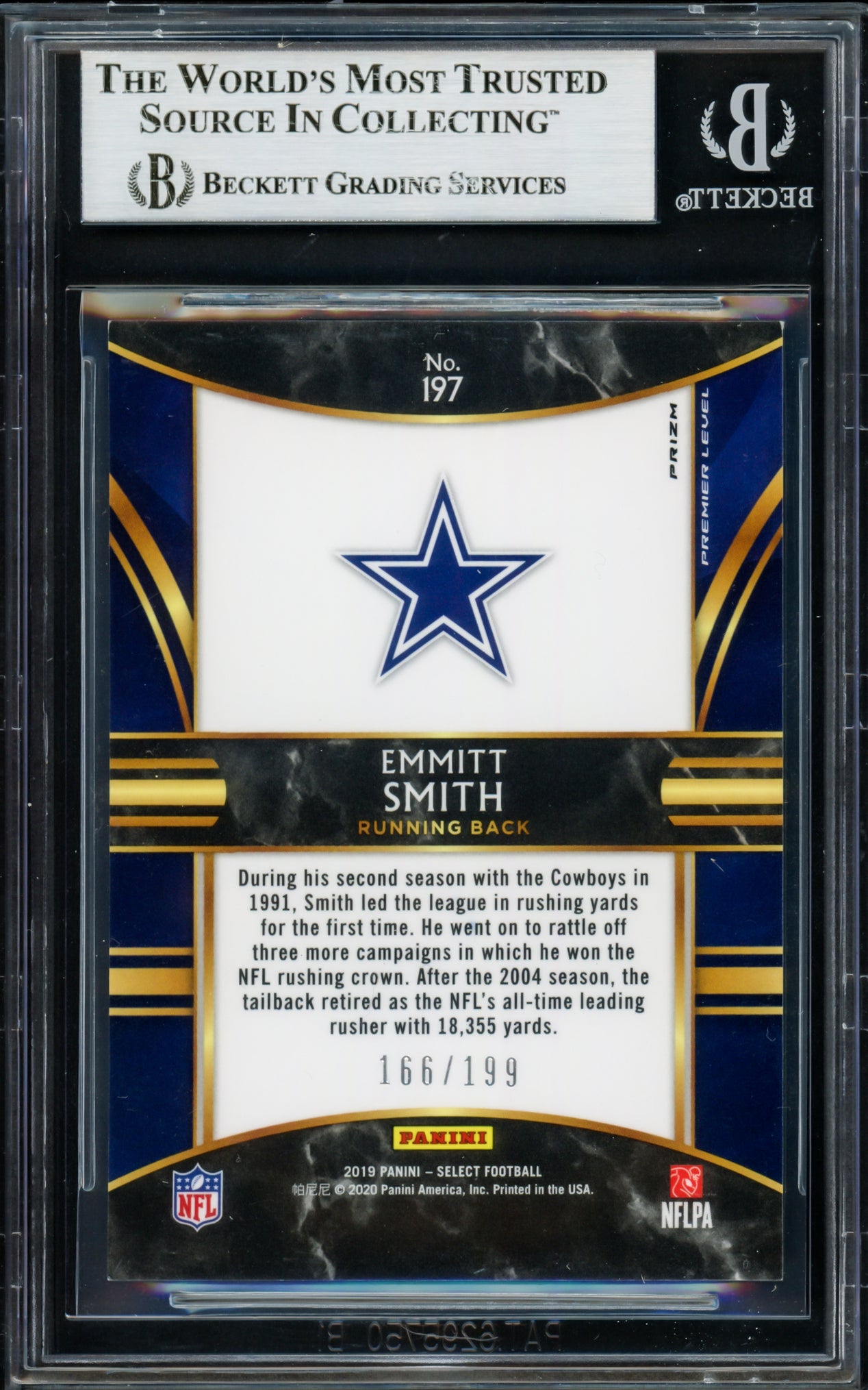 Emmitt Smith Autographed 2019 Select Prizms Tri-Color Card #197 Dallas Cowboys #166/199 Beckett BAS #16900756