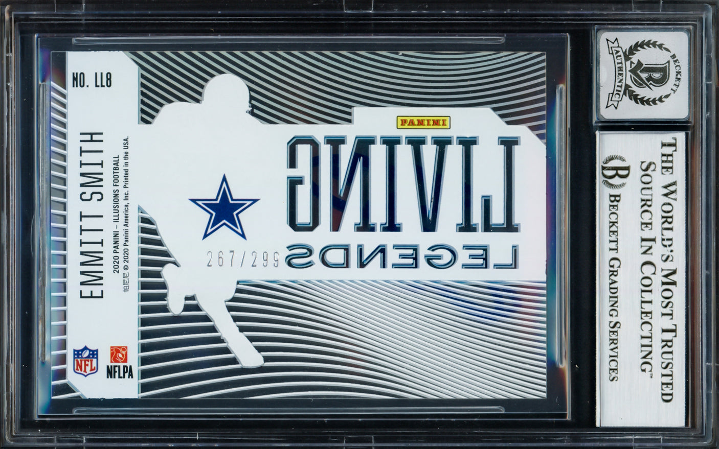 Emmitt Smith Autographed 2020 Panini Illusions Living Legends Light Blue Card #8 Dallas Cowboys Auto Grade Gem Mint 10 #267/299 Beckett BAS #16898199