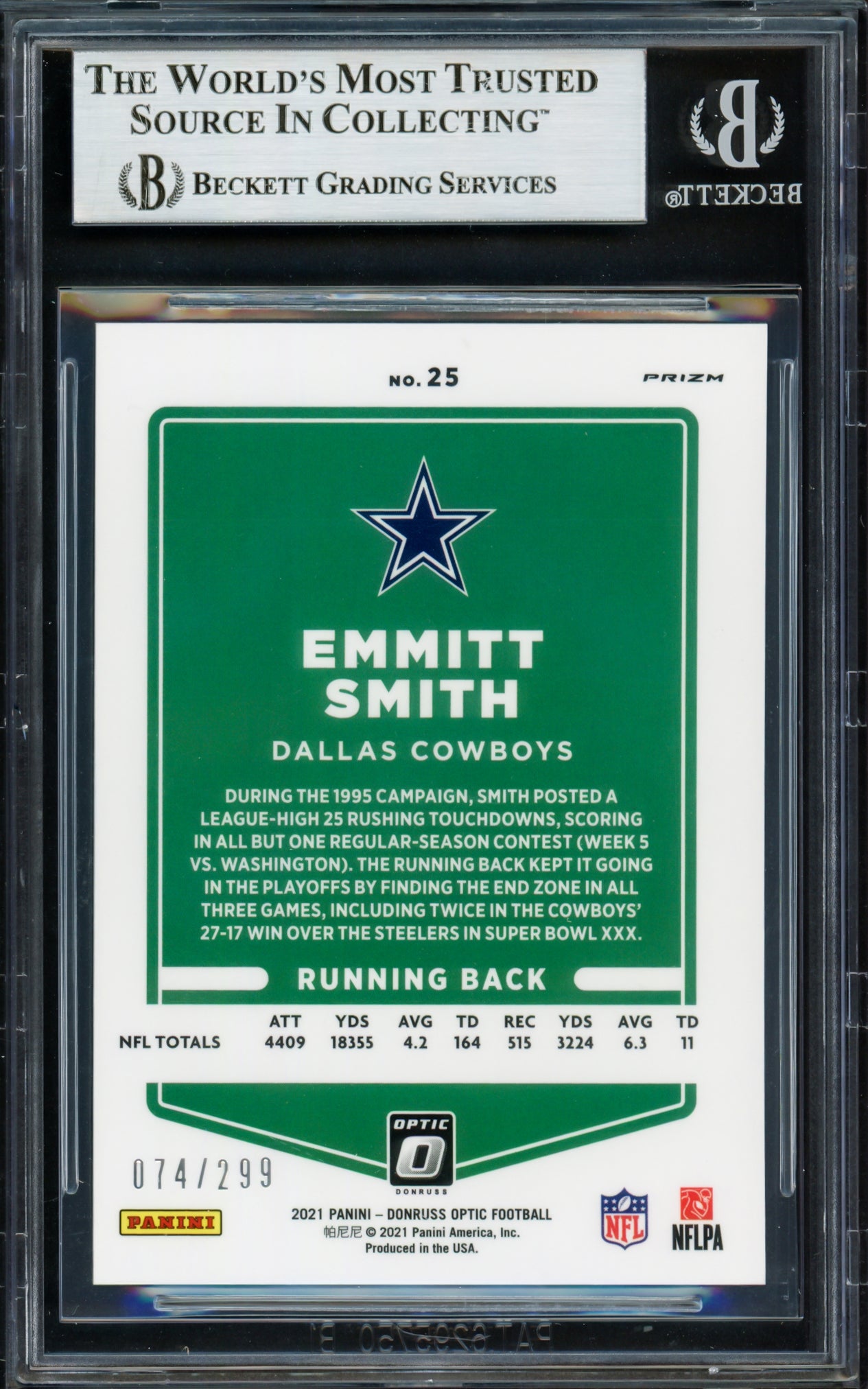 Emmitt Smith Autographed 2021 Donruss Optic Wave Card #25 Dallas Cowboys #/299 Beckett BAS Stock #233600