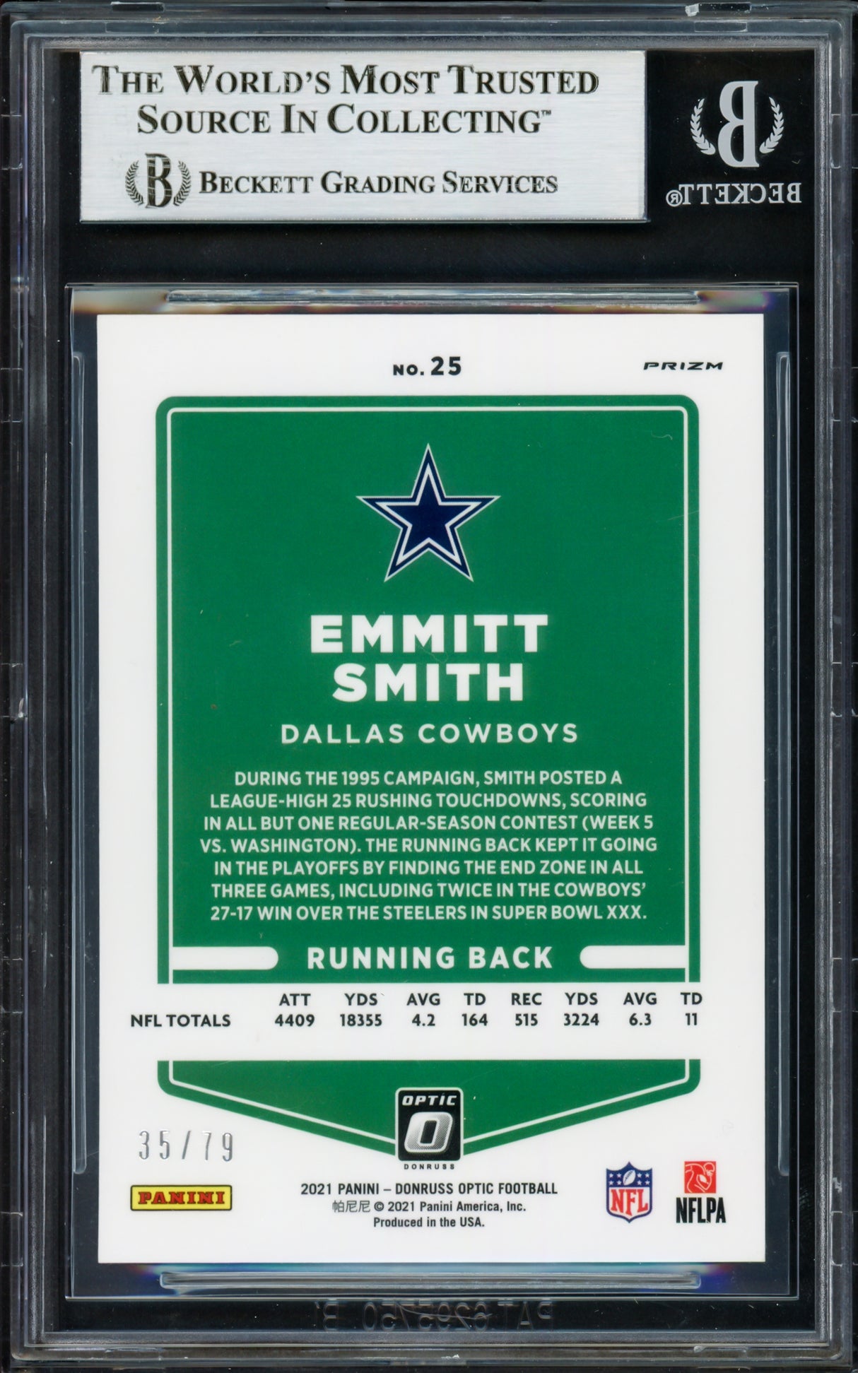 Emmitt Smith Autographed 2021 Donruss Optic Orange Scope Card #25 Dallas Cowboys #35/79 Beckett BAS #16901141