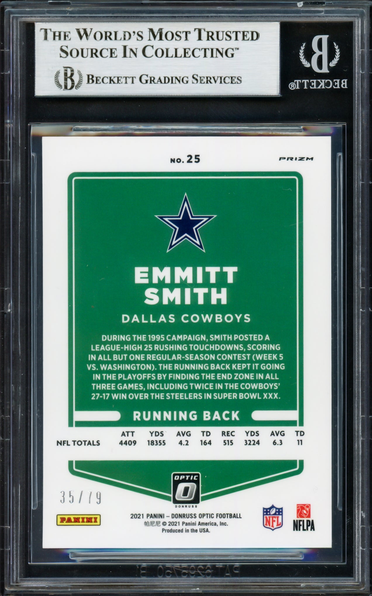 Emmitt Smith Autographed 2021 Donruss Optic Orange Scope Card #25 Dallas Cowboys #35/79 Beckett BAS #16901141