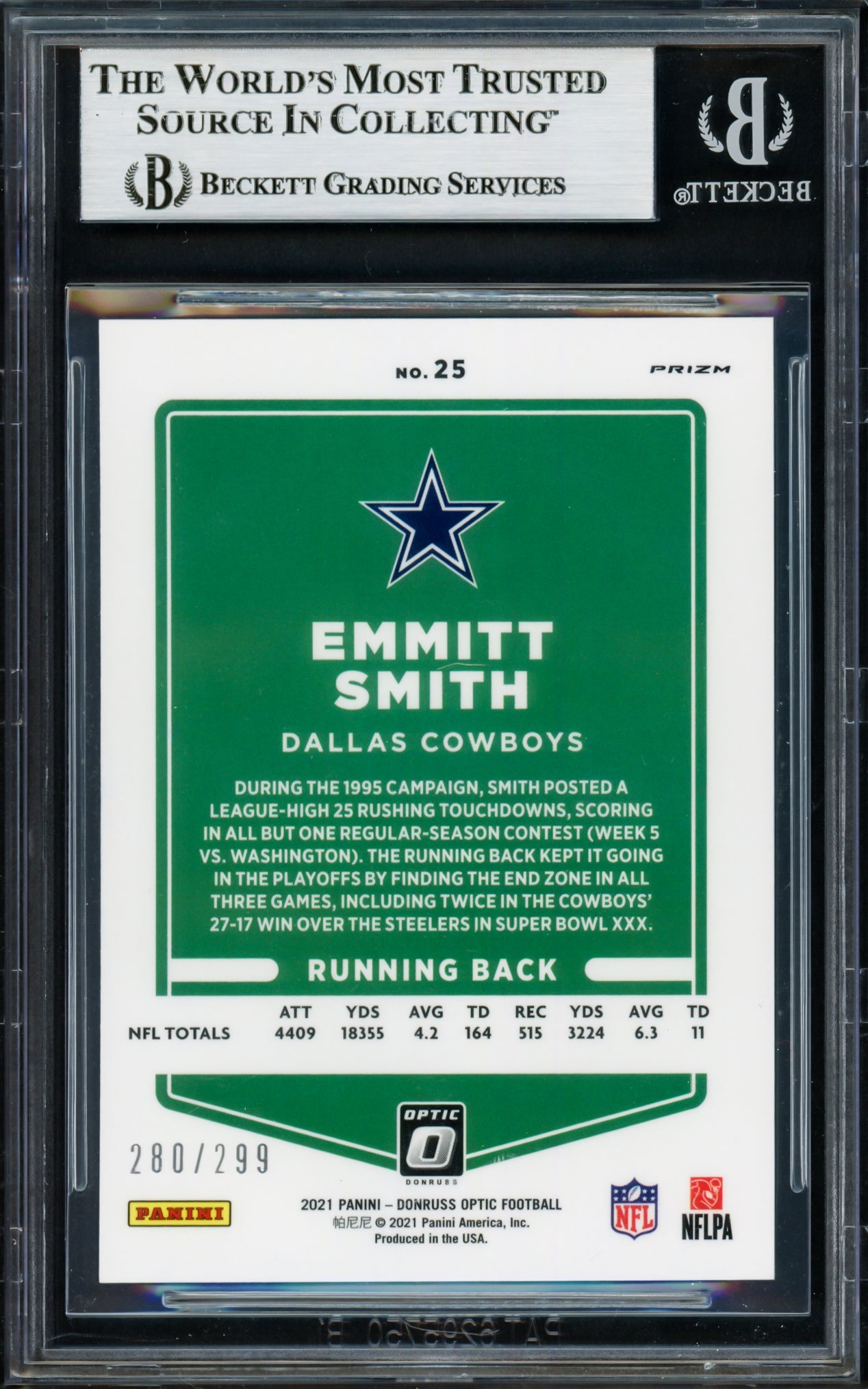 Emmitt Smith Autographed 2021 Donruss Optic Aqua Card #25 Dallas Cowboys #/299 Beckett BAS Stock #233603