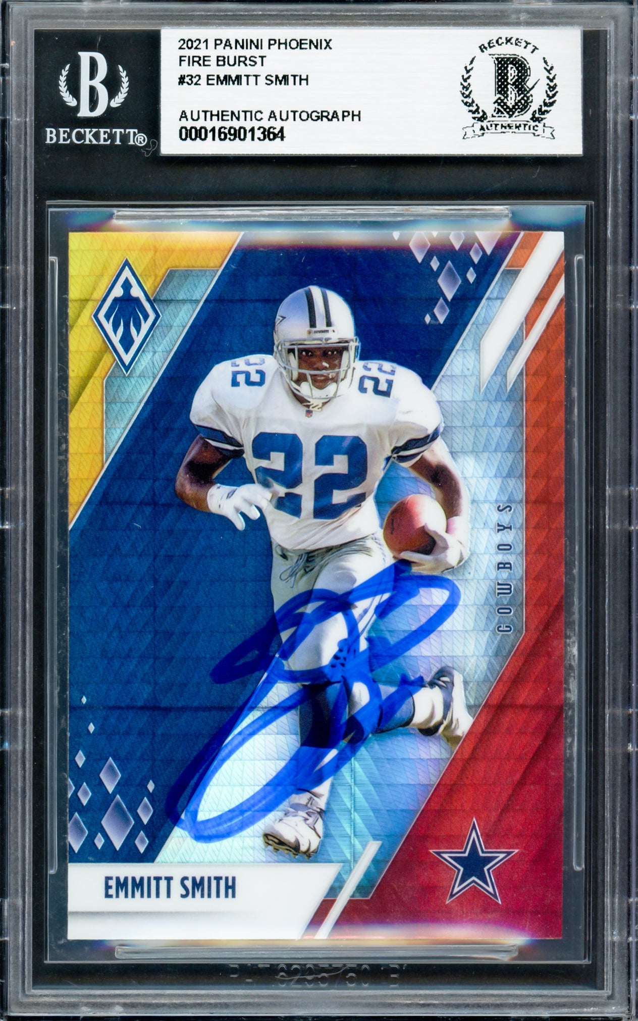 Emmitt Smith Autographed 2021 Panini Phoenix Fire Burst Card #32 Dallas Cowboys Beckett BAS #16901364