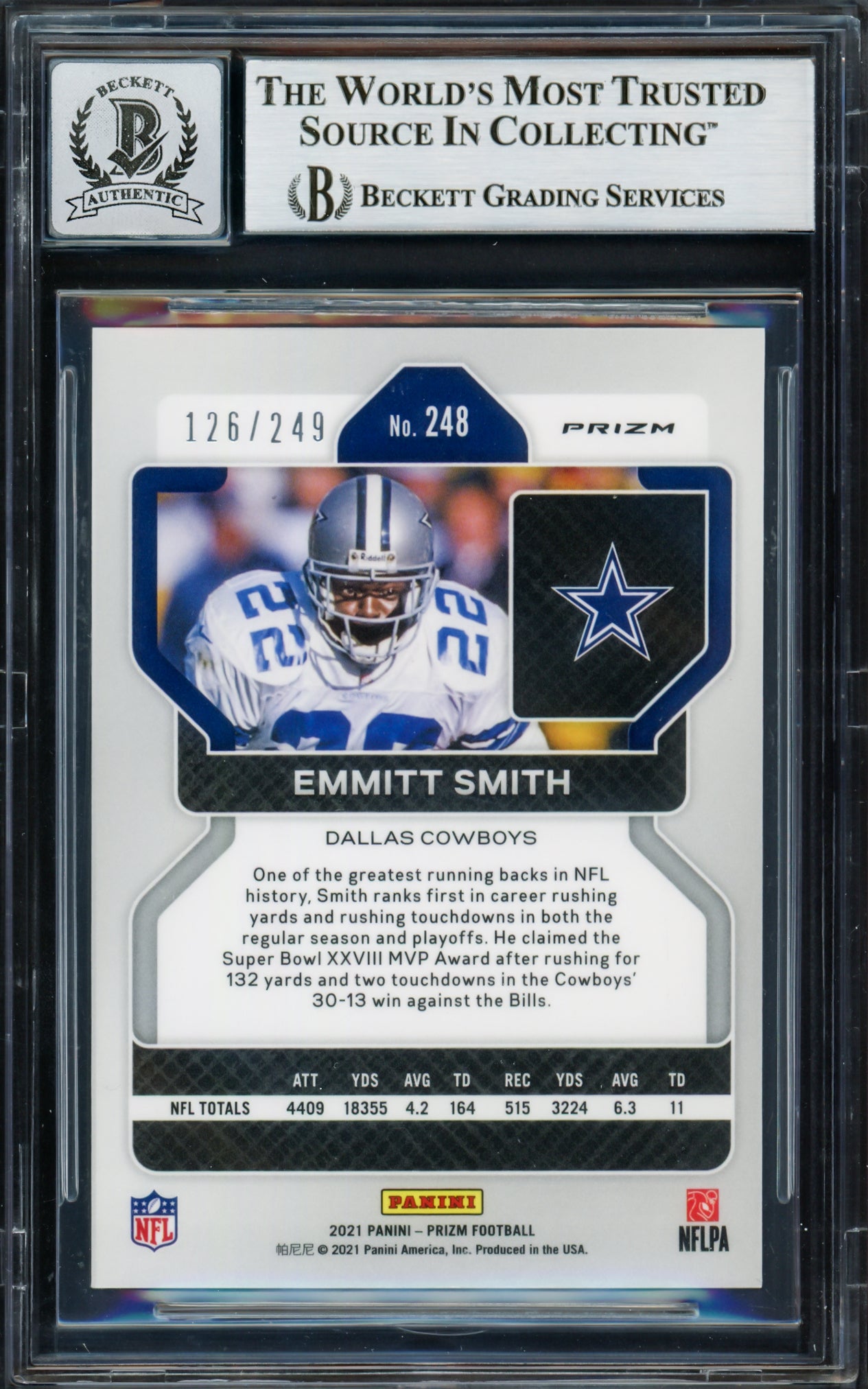 Emmitt Smith Autographed 2021 Panini Prizm Prizms Orange Card #248 Dallas Cowboys Auto Grade Gem Mint 10 #126/249 Beckett BAS #16898206
