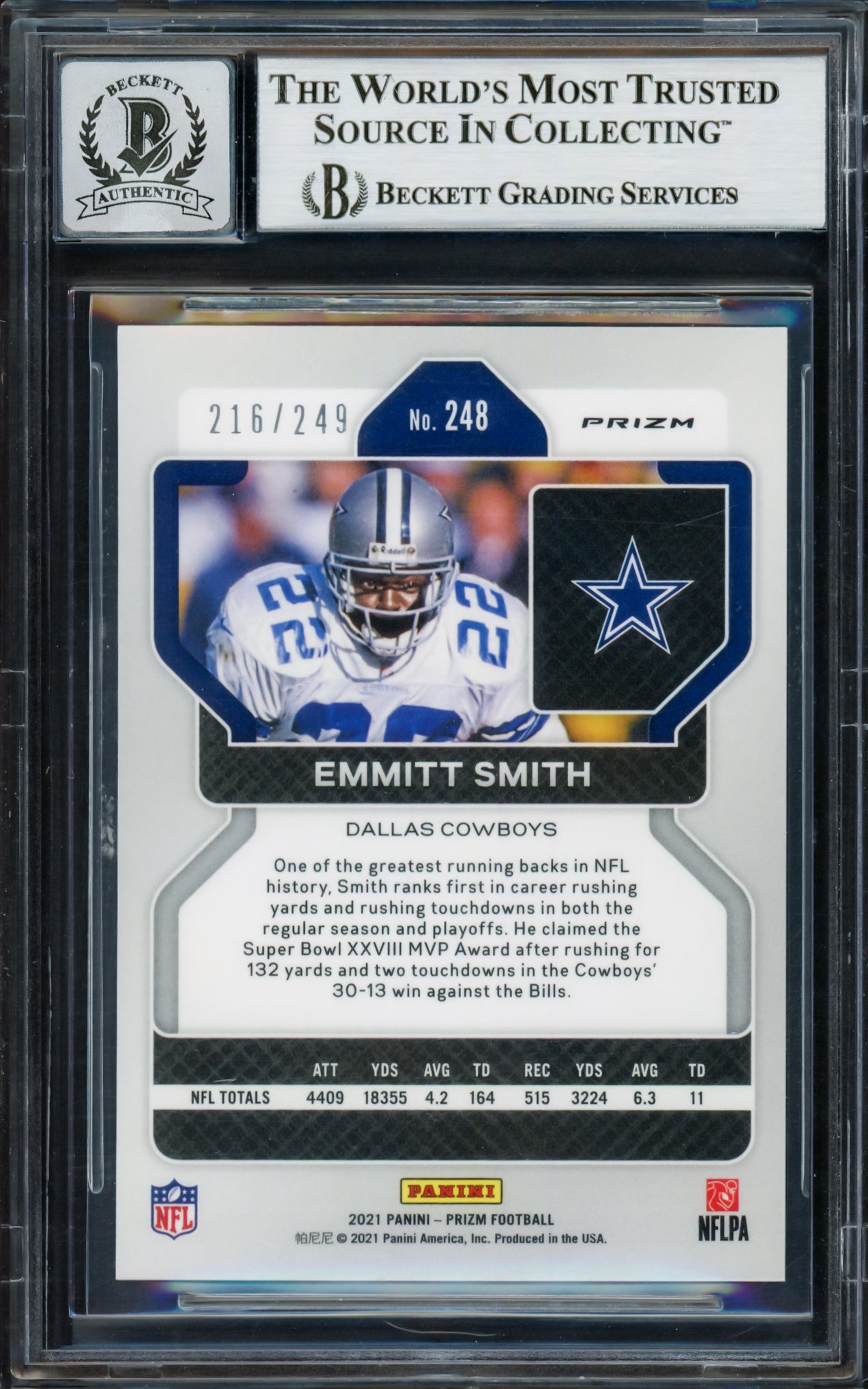 Emmitt Smith Autographed 2021 Panini Prizm Prizms Orange Card #248 Dallas Cowboys Auto Grade Gem Mint 10 #216/249 Beckett BAS #16898207
