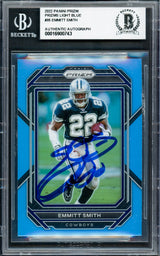 Emmitt Smith Autographed 2022 Panini Prizm Prizms Light Blue Card #85 Dallas Cowboys Beckett BAS #16900743