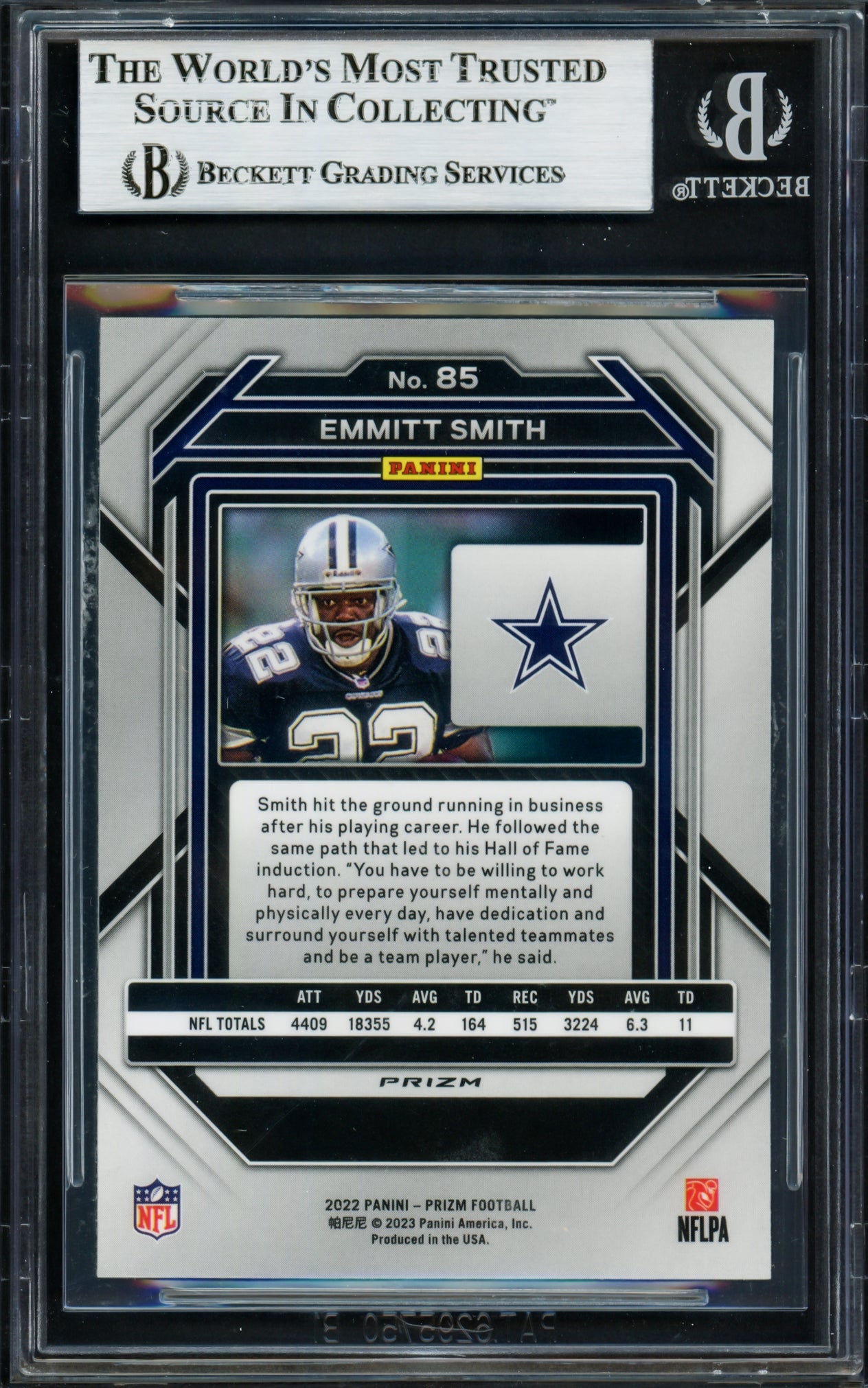 Emmitt Smith Autographed 2022 Panini Prizm Prizms Light Blue Card #85 Dallas Cowboys Beckett BAS #16900743