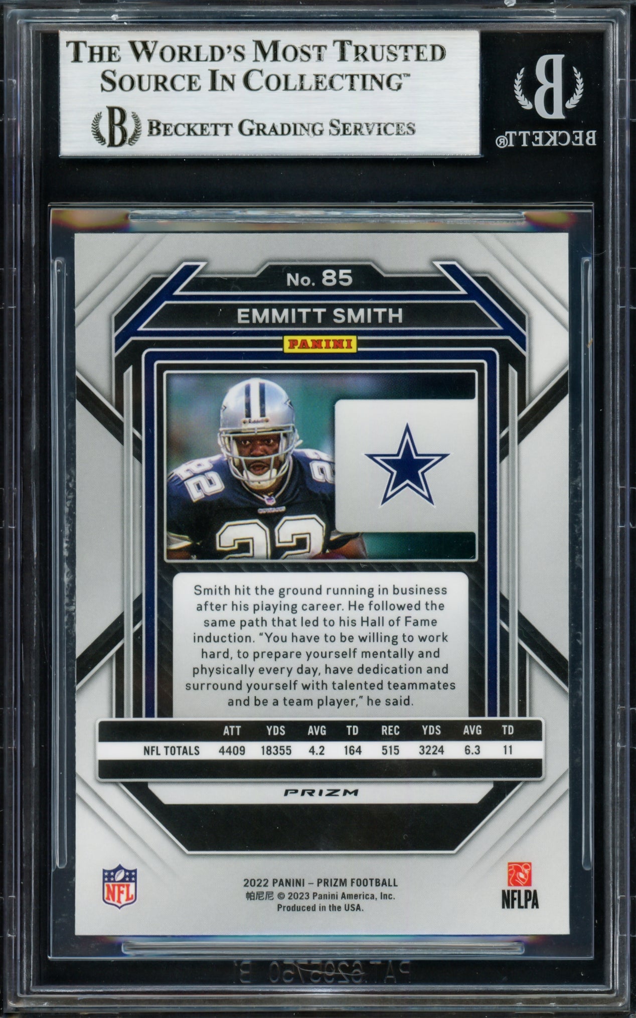Emmitt Smith Autographed 2022 Panini Prizm Prizms Light Blue Card #85 Dallas Cowboys Beckett BAS #16900742
