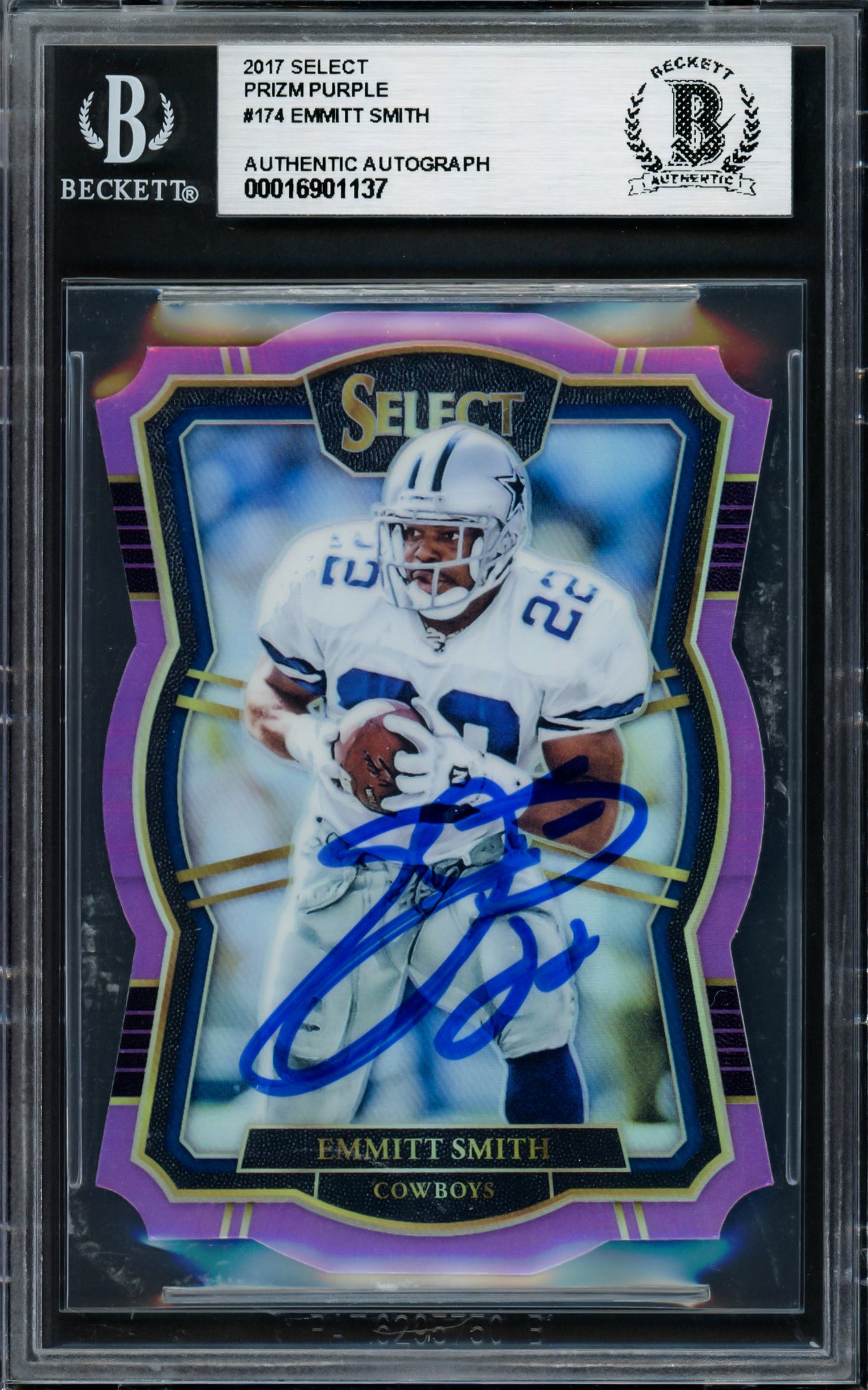 Emmitt Smith Autographed 2017 Select Prizm Purple Card #174 Dallas Cowboys #64/75 Beckett BAS #16901137
