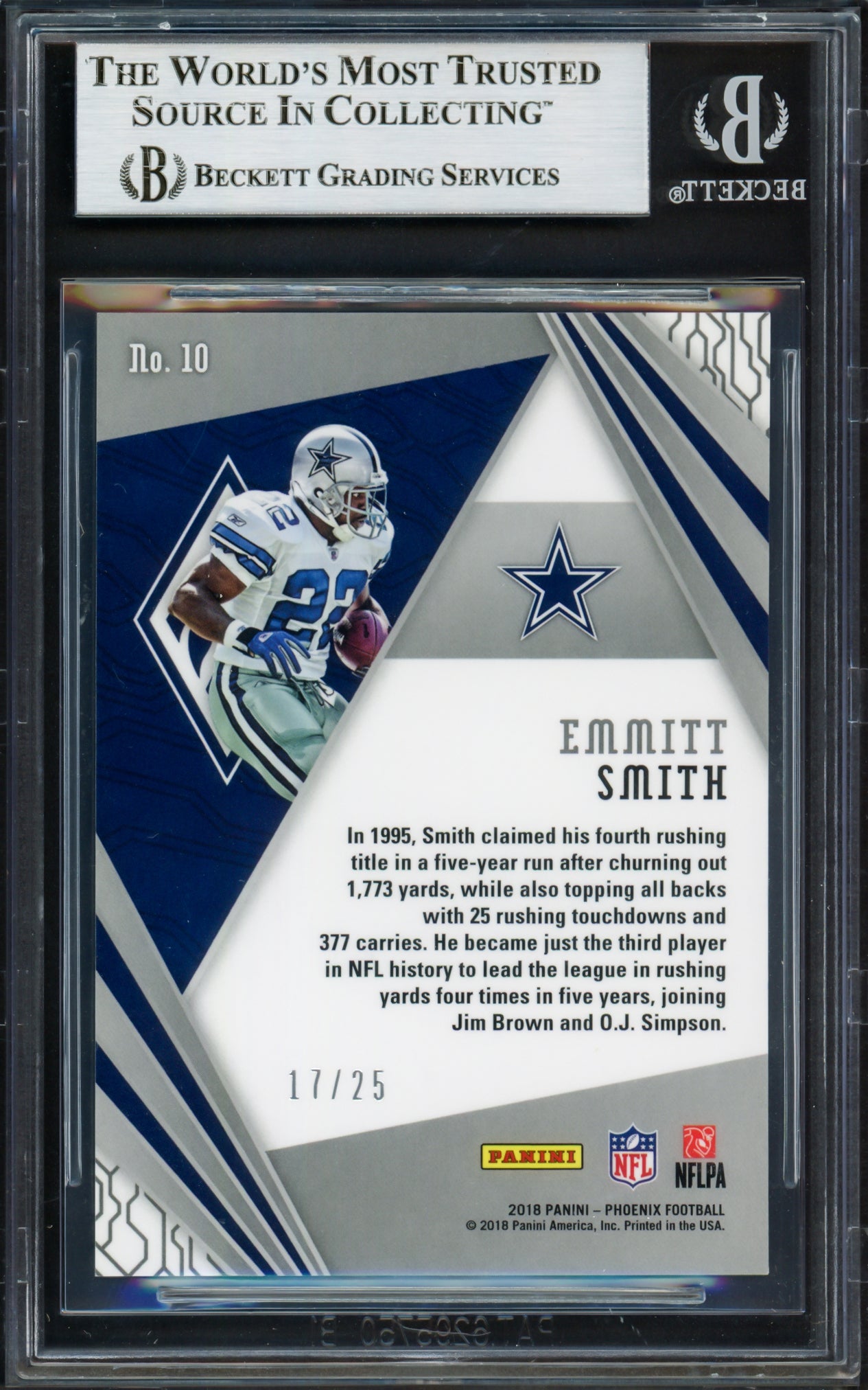 Emmitt Smith Autographed 2018 Panini Phoenix Unmatched Yellow Card #10 Dallas Cowboys #17/25 Beckett BAS #16901360