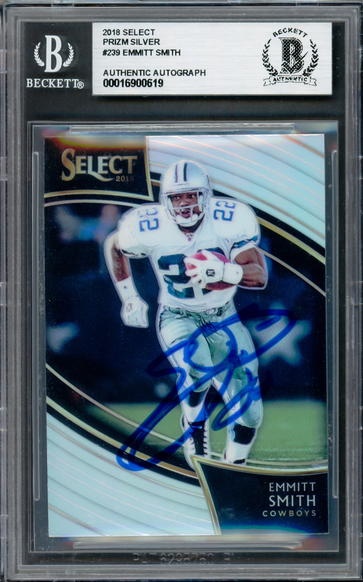 Emmitt Smith Autographed 2018 Select Prizm Silver Card #239 Dallas Cowboys Beckett BAS Stock #233585