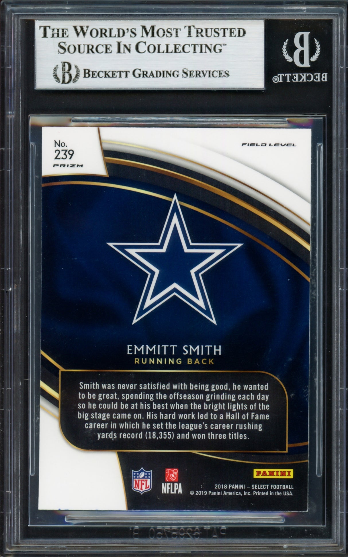 Emmitt Smith Autographed 2018 Select Prizm Silver Card #239 Dallas Cowboys Beckett BAS Stock #233585