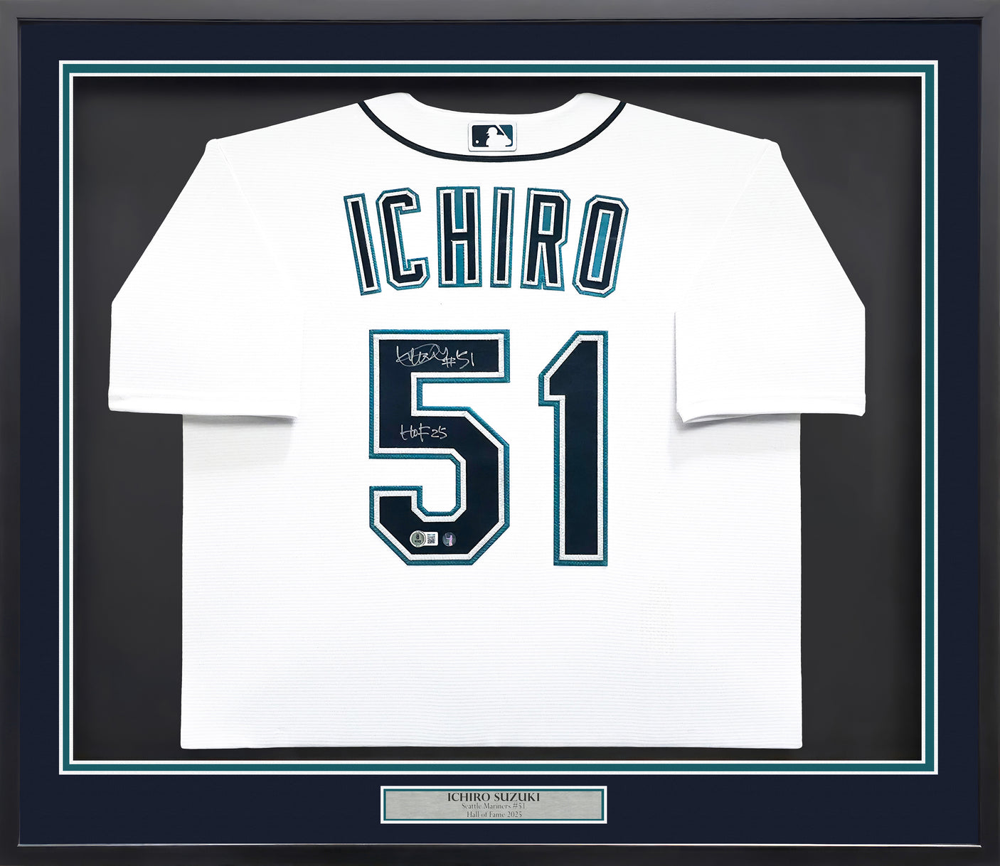 Seattle Mariners Ichiro Suzuki Autographed Framed White Nike Jersey IS Holo & "HOF 25" Beckett BAS Witness Stock #249472