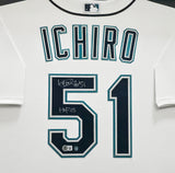 Seattle Mariners Ichiro Suzuki Autographed Framed White Nike Jersey IS Holo & "HOF 25" Beckett BAS Witness Stock #249472