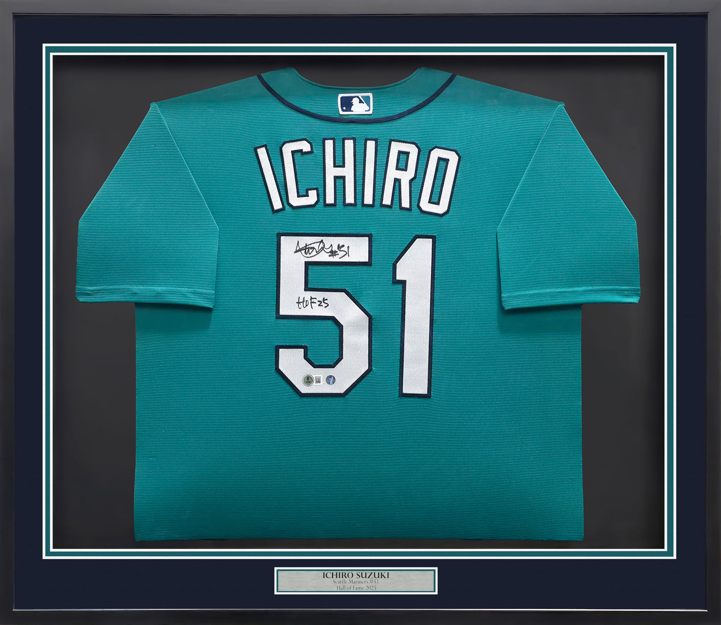 Seattle Mariners Ichiro Suzuki Autographed Framed Teal Nike Jersey IS Holo & "HOF 25" Beckett BAS Witness Stock #249473