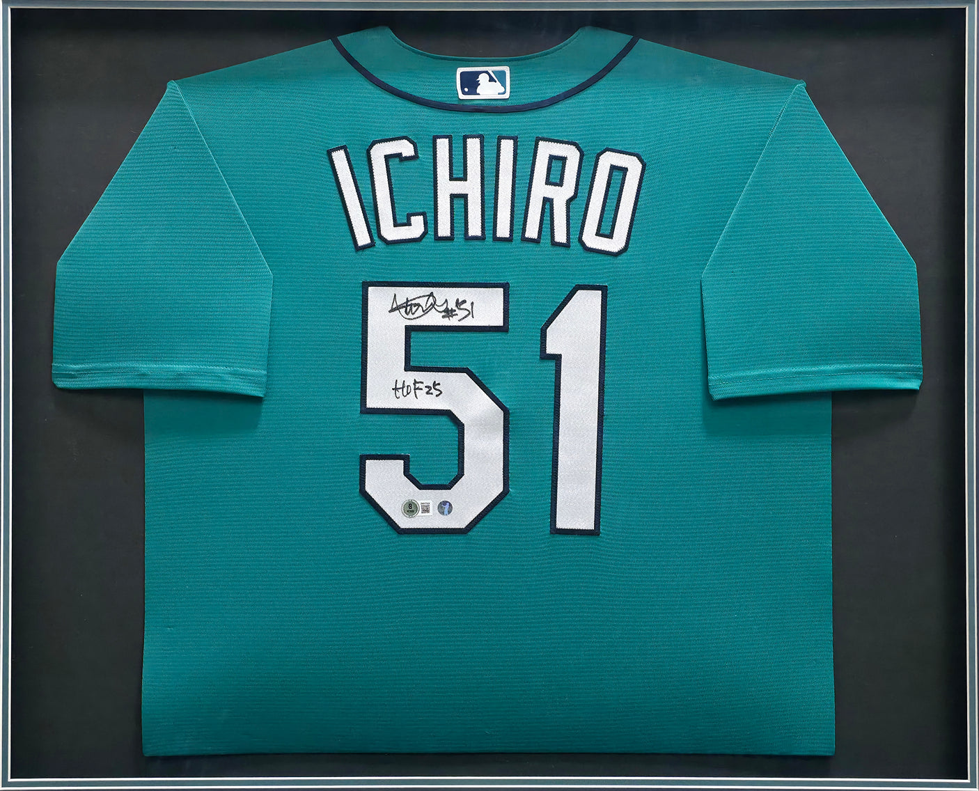 Seattle Mariners Ichiro Suzuki Autographed Framed Teal Nike Jersey IS Holo & "HOF 25" Beckett BAS Witness Stock #249473