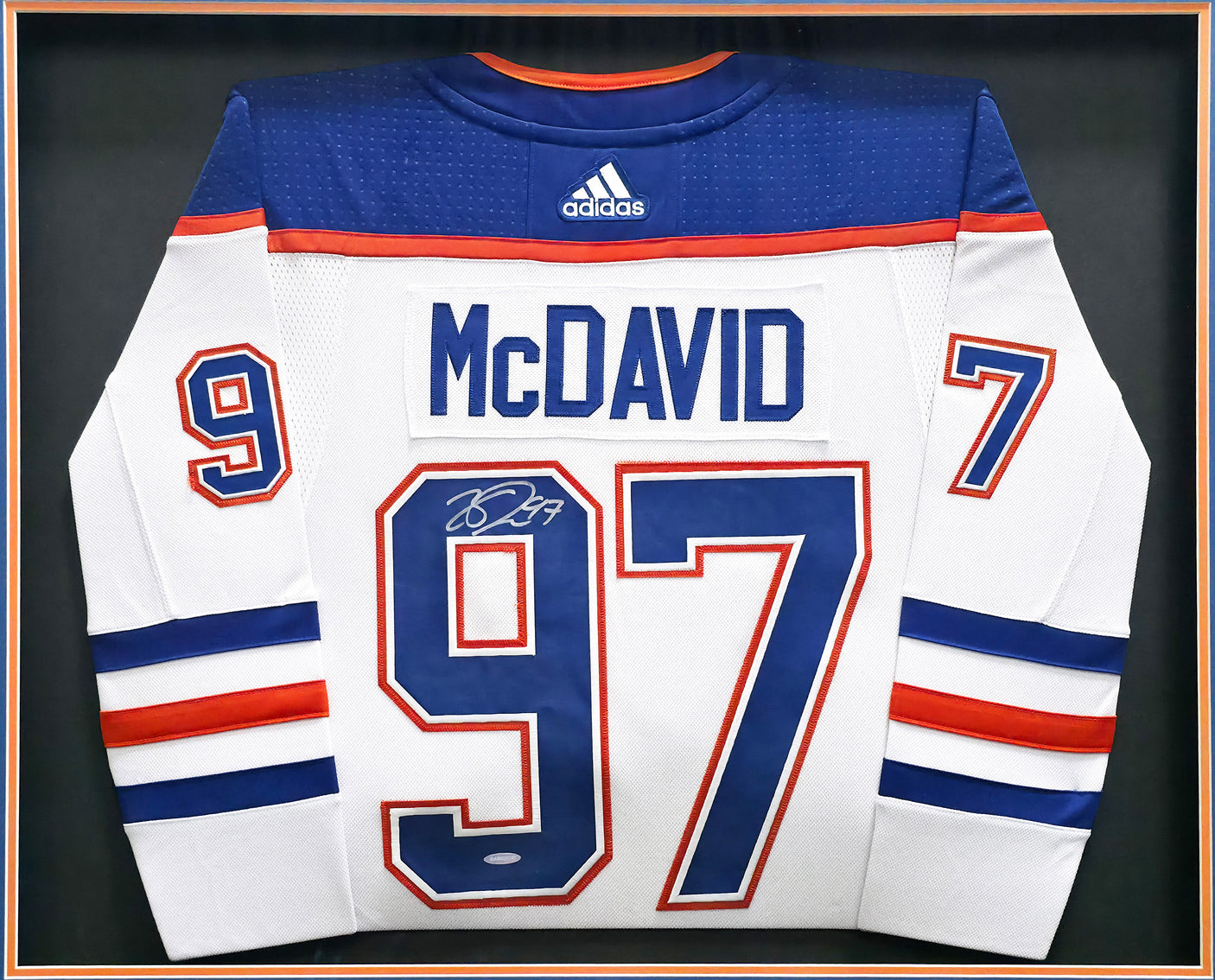 Edmonton Oilers Connor McDavid Autographed Framed White Authentic Adidas Jersey UDA Holo Stock #249481