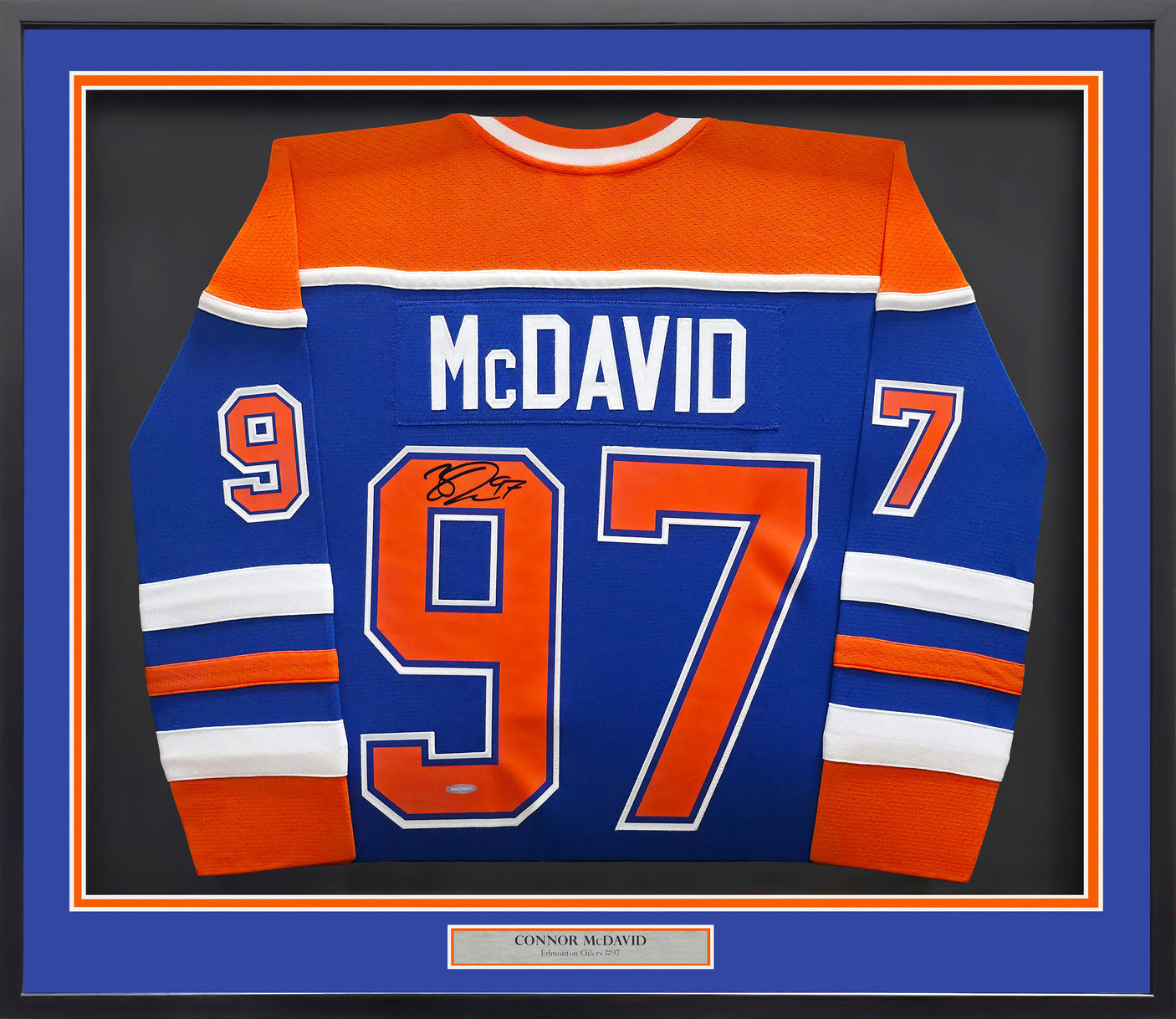 Edmonton Oilers Connor McDavid Autographed Framed Blue & Orange Jersey UDA Holo #BAM256540