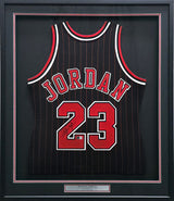 Chicago Bulls Michael Jordan Autographed Framed Black Pinstripes Authentic Mitchell & Ness Jersey Beckett BAS #AE03236