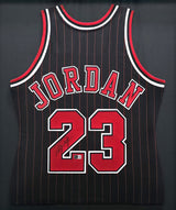 Chicago Bulls Michael Jordan Autographed Framed Black Pinstripes Authentic Mitchell & Ness Jersey Beckett BAS #AE03236