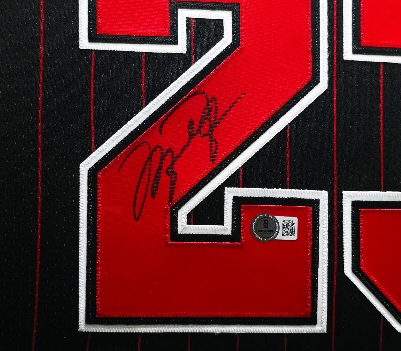 Chicago Bulls Michael Jordan Autographed Framed Black Pinstripes Authentic Mitchell & Ness Jersey Beckett BAS #AE03236