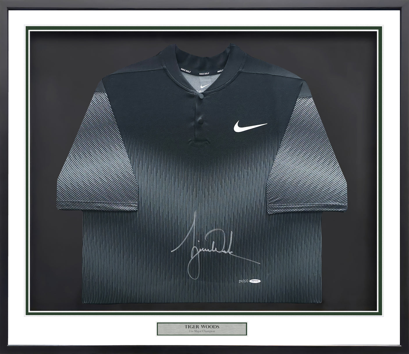 Tiger Woods Autographed Framed Black Nike Dri-fit Polo #24/50 UDA Holo #BAM116532