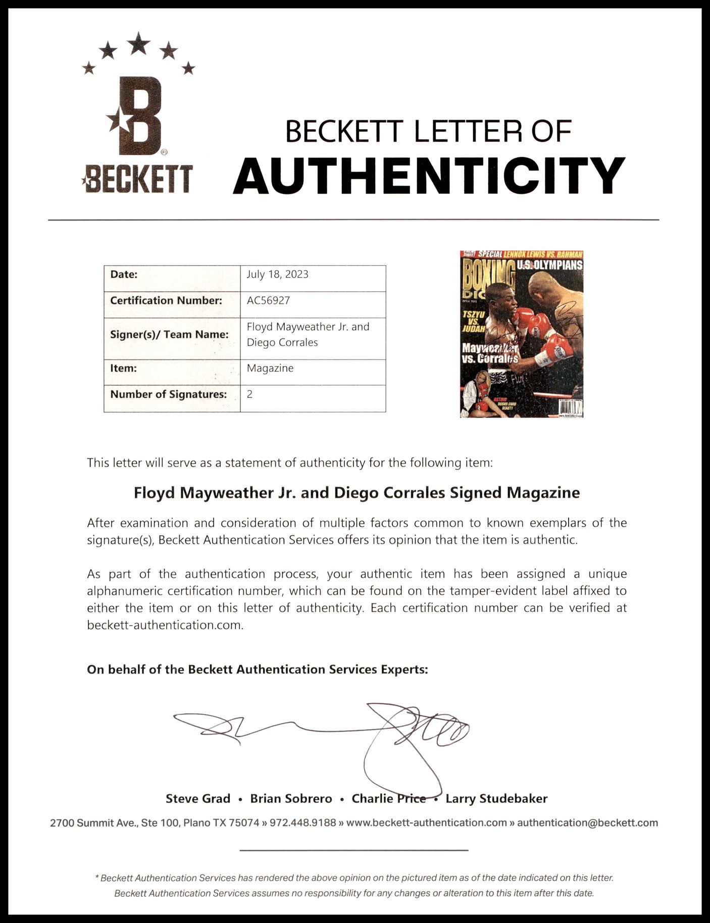 Floyd Mayweather Jr. & Diego Corrales Autographed Boxing Digest Magazine Beckett BAS #AC56927