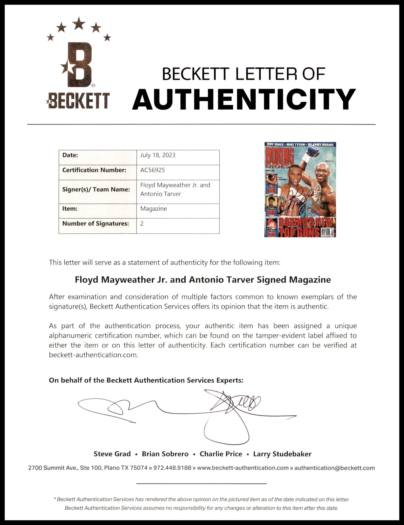 Floyd Mayweather Jr. & Antonio Tarver Autographed Boxing Digest Magazine (Smudged) Beckett BAS #AC56925
