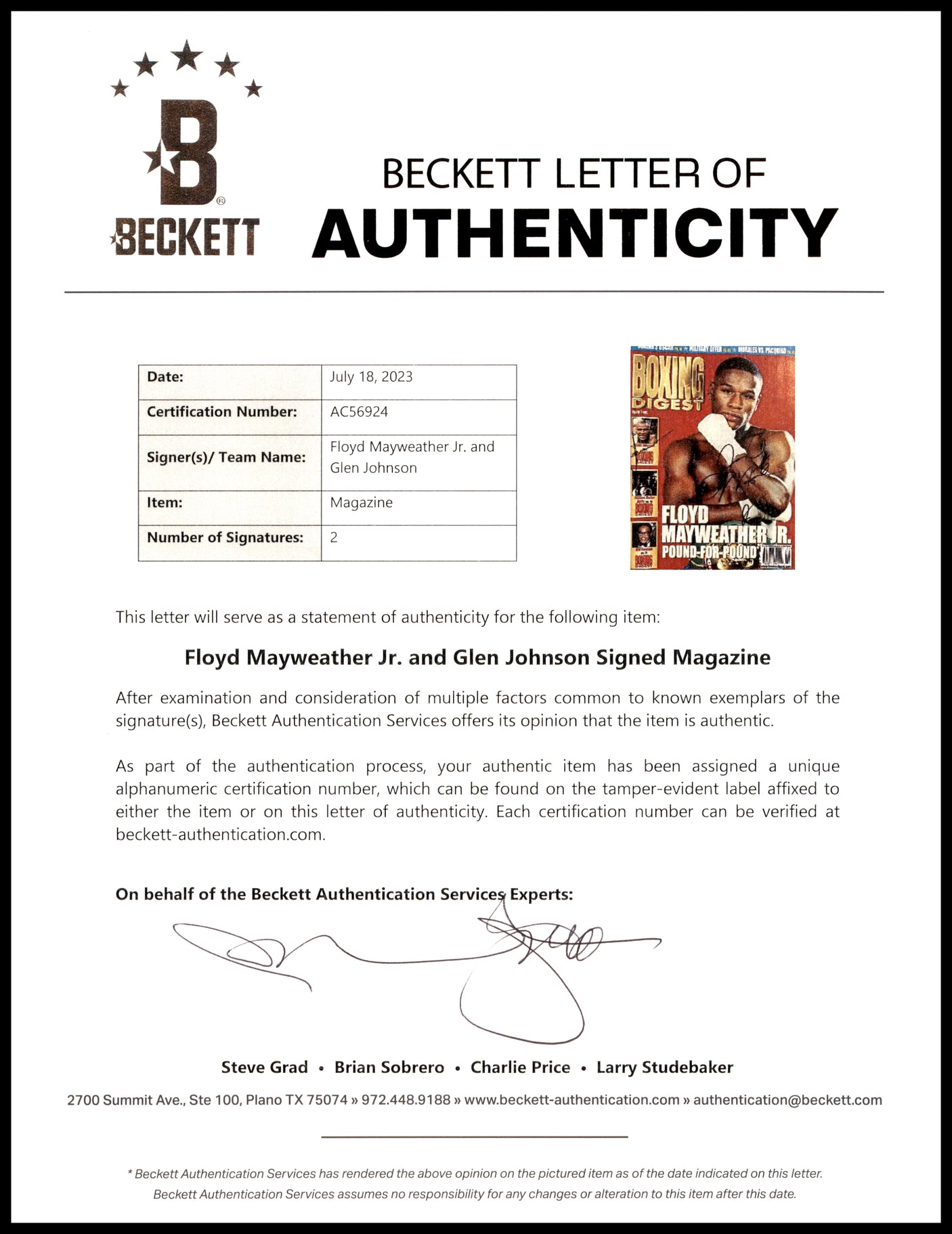 Floyd Mayweather Jr. & Glen Johnson Autographed Boxing Digest Magazine (Smudged) Beckett BAS #AC56924