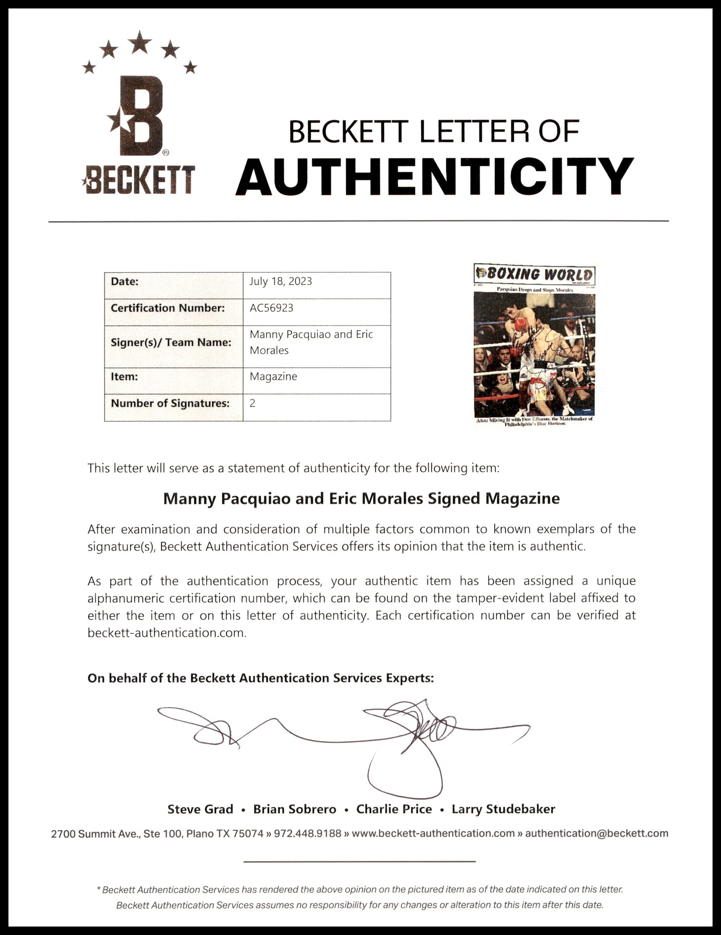 Manny Pacquiao & Erik Morales Autographed Boxing World Magazine Beckett BAS #AC56923