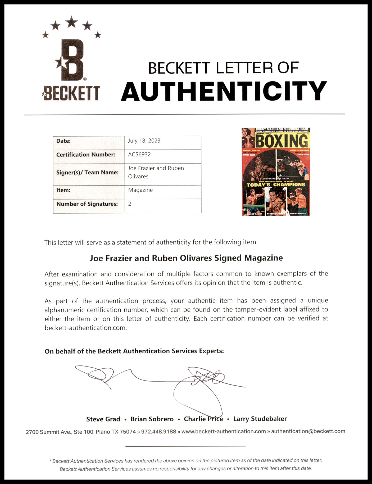 Joe Frazier & Ruben Olivares Autographed International Boxing Magazine Beckett BAS #AC56932