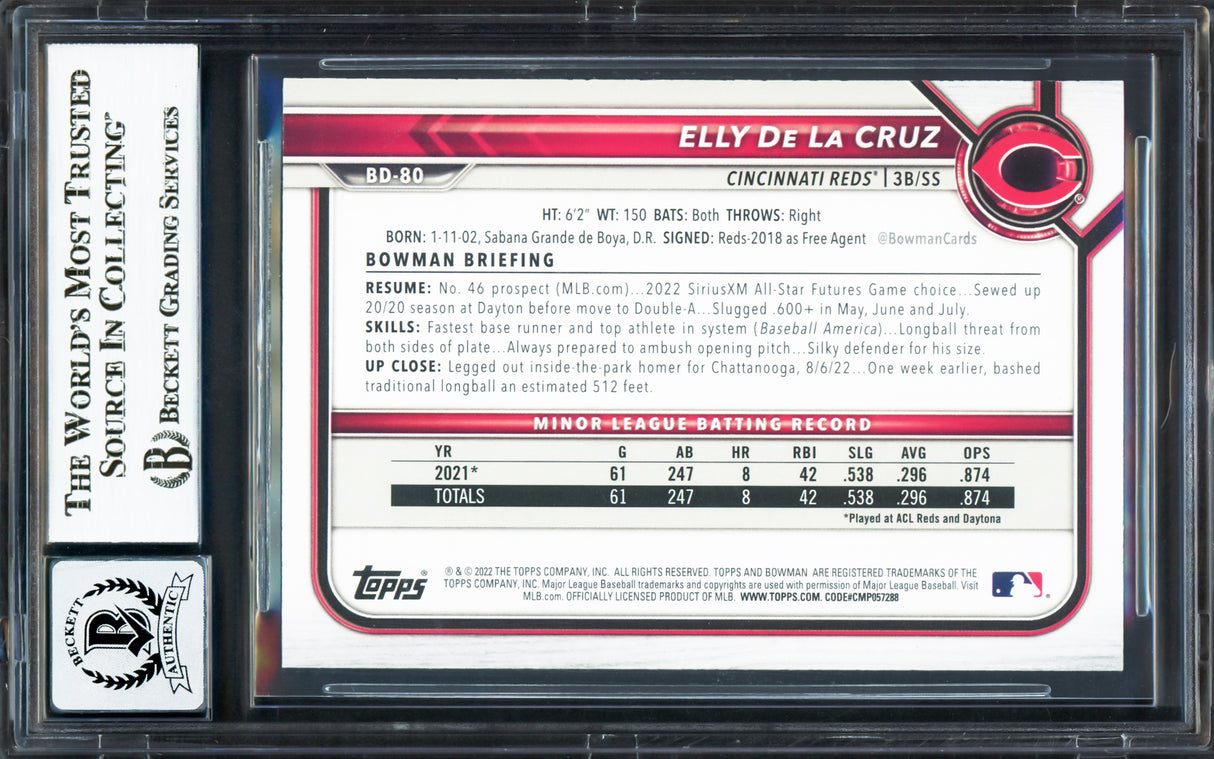 Elly De La Cruz Autographed 2022 Bowman Draft Rookie Card #BD80 Cincinnati Reds Auto Grade Gem Mint 10 Beckett BAS Stock #233959