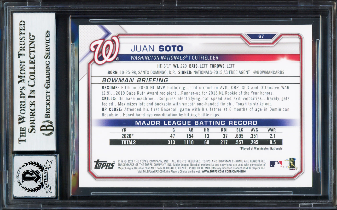 Juan Soto Autographed 2021 Bowman Card #67 New York Yankees Auto Grade Gem Mint 10 Beckett BAS Stock #233983
