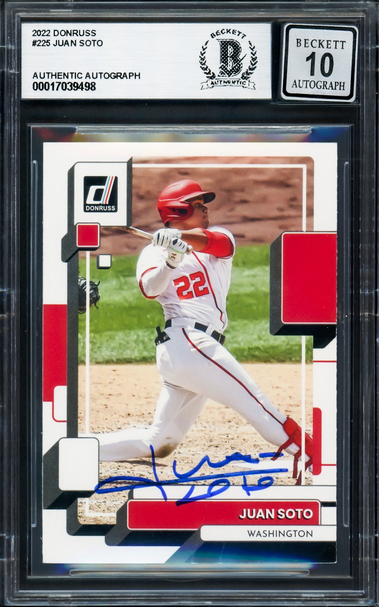 Juan Soto Autographed 2022 Donruss Card #225 New York Yankees Auto Grade Gem Mint 10 Beckett BAS Stock #233985