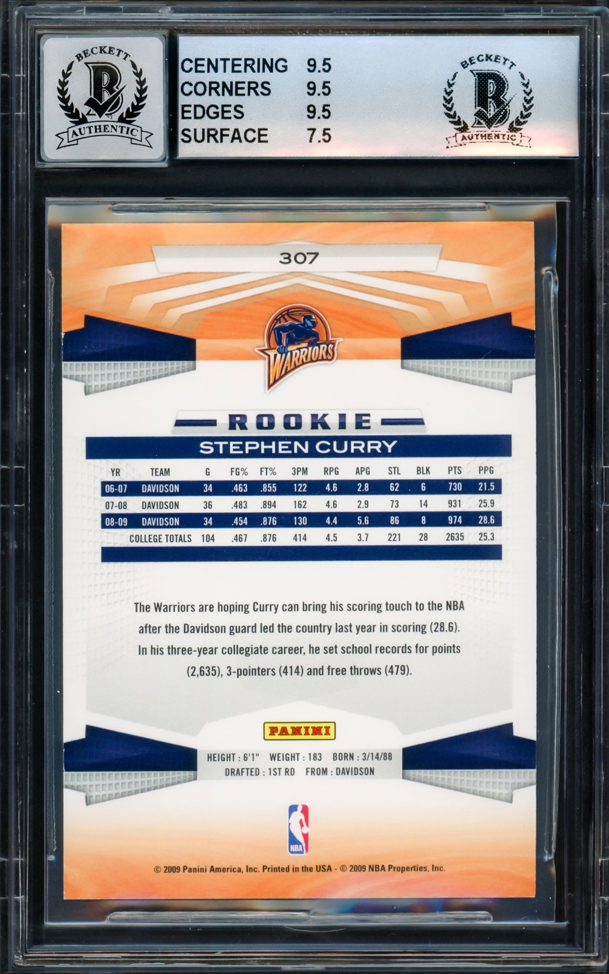 Stephen Curry Autographed 2009-10 Panini Rookie Card #307 Golden State Warriors BGS 8.5 Auto Grade Gem Mint 10 Beckett BAS #15816088